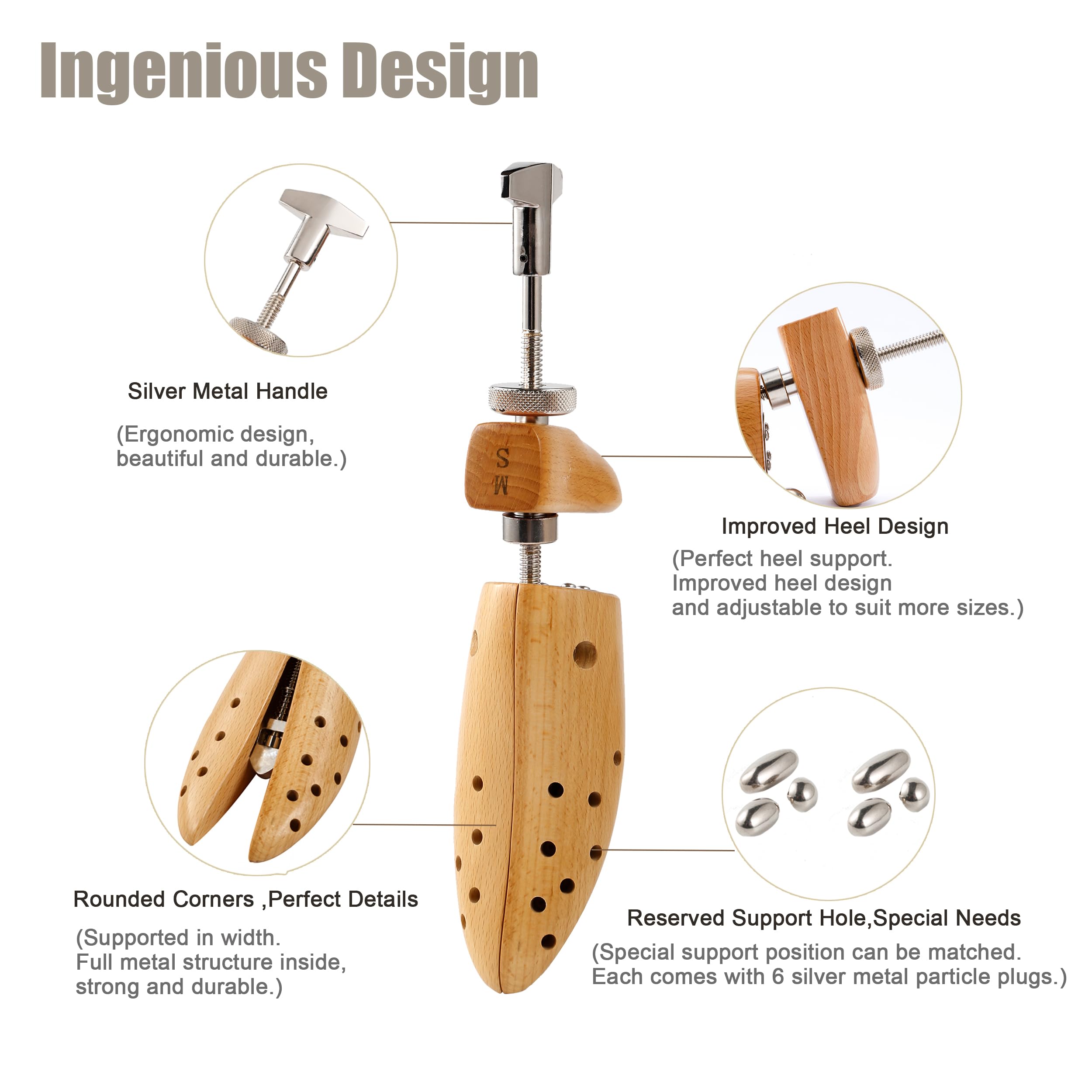 Extensor de zapatos de madera de 2 vías para ajustar el ancho y la longitud del zapato para hombres y mujeres, con piezas metálicas resistentes.