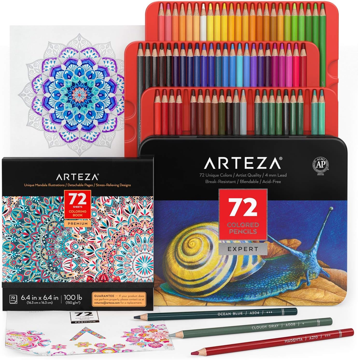 Arteza Mandala Coloring Art Set, 72 Colored Pencils, 6.4 x 6.4 Inches Mandala Coloring Book with 72 Detachable Designs for Relaxation and Stress Relief