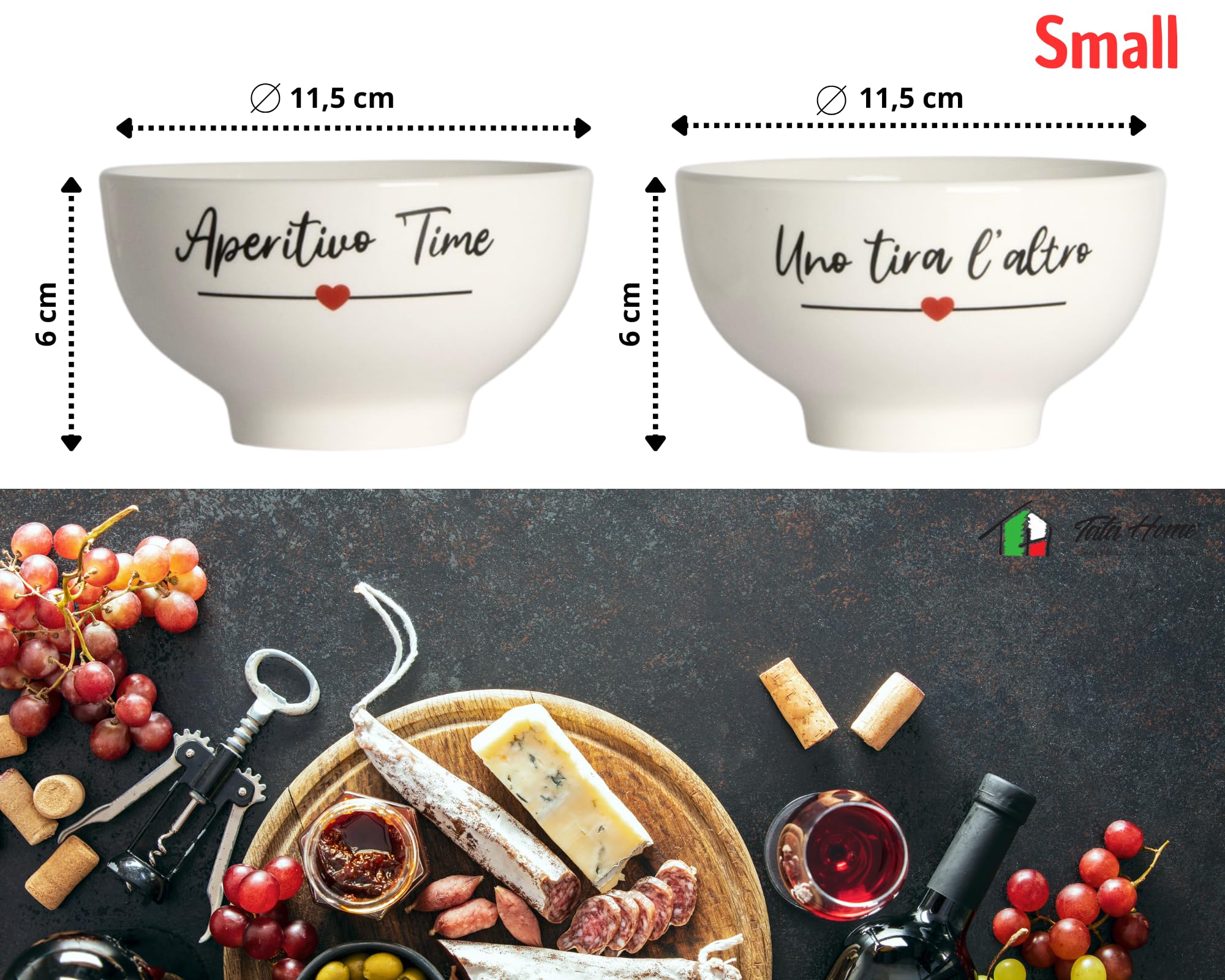 Tata Home Set 6 Ciotole per Aperitivo in Porcellana Bianca con Scritte Shabby Chic Ciotoline per Salsa Snack Patatine Accessori Aperitivo Misura Small 11,5x6 cm Mod. HappyLove