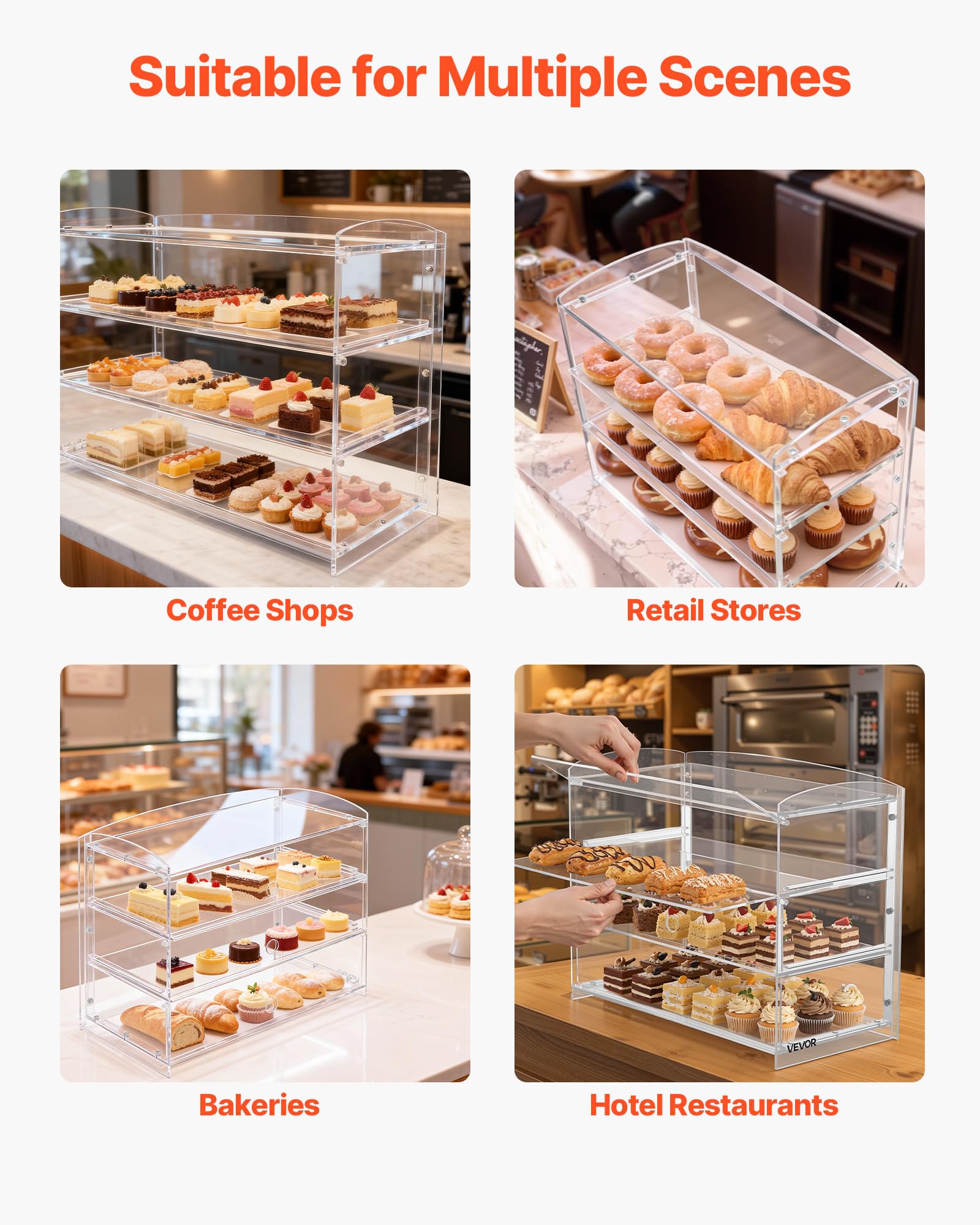 VEVOR Vetrina per Pasticceria da Banco Espositore a 3 Ripiani da Banco in Acrilico Vetrina Portapane Torte con Anta a Ribalta per Biscotti, Torte, Ciambelle, da Panetteria 482 x 232 x 380 mm