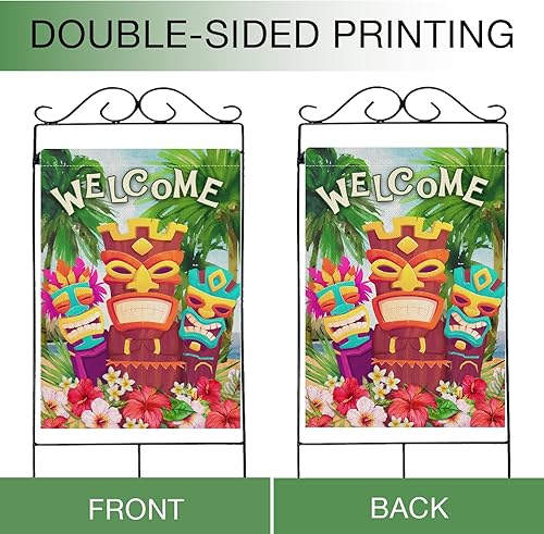Miniatura 3 de Hzppyz Welcome Summer Tiki - Bandera tropical de Hawaii para casa, hibisco frangipani, flores Aloha, decoración decorativa para jardín, patio,