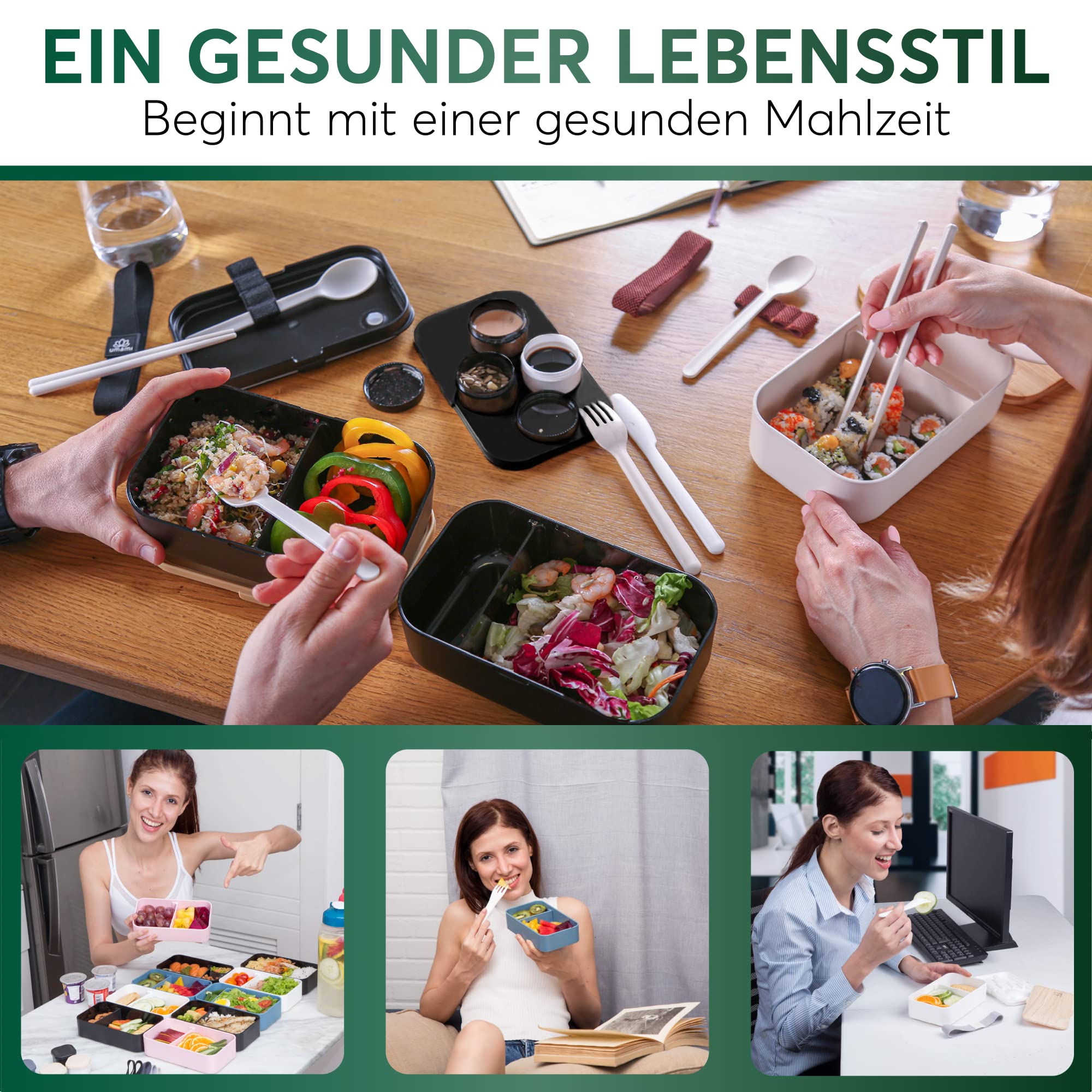 Umami Alles-in-Einem 2000 ml Bento Box für Erwachsene/Kinder, 1 Soßentöpfe & 4 Bestecke, Lunch Box für Männer/Frauen, 2 Meal Prep Containers, Mikrowelle, Spülmaschine, Gefrierschrank sicher, BPA frei