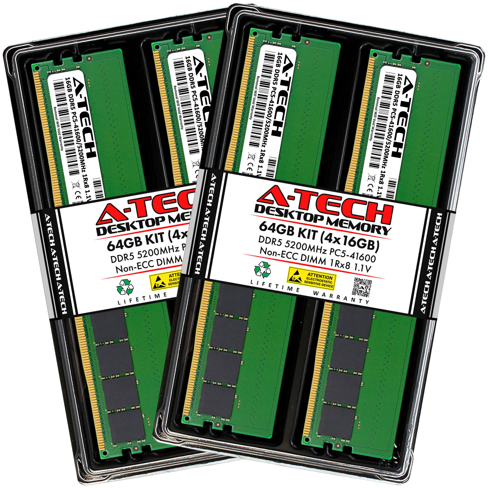 A-Tech 64GB Kit (4x16GB) DDR5 5200MHz PC5-41600 CL42 UDIMM 1Rx8 Single Rank 1.1V Non-ECC Unbuffered DIMM 288-Pin Desktop PC/Computer RAM Memory Upgrade Modules