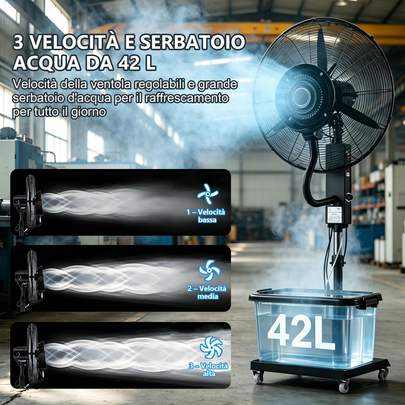 Ventilatore Nebulizzatore 42L, Alta Velocità Industriale con 3 Velocità e Regolazione Nebbia, Oscillazione 90°, Altezza Regolabile 160‑200cm, per Raffreddamento Esterno su Patio, Officina(71cm/28in)