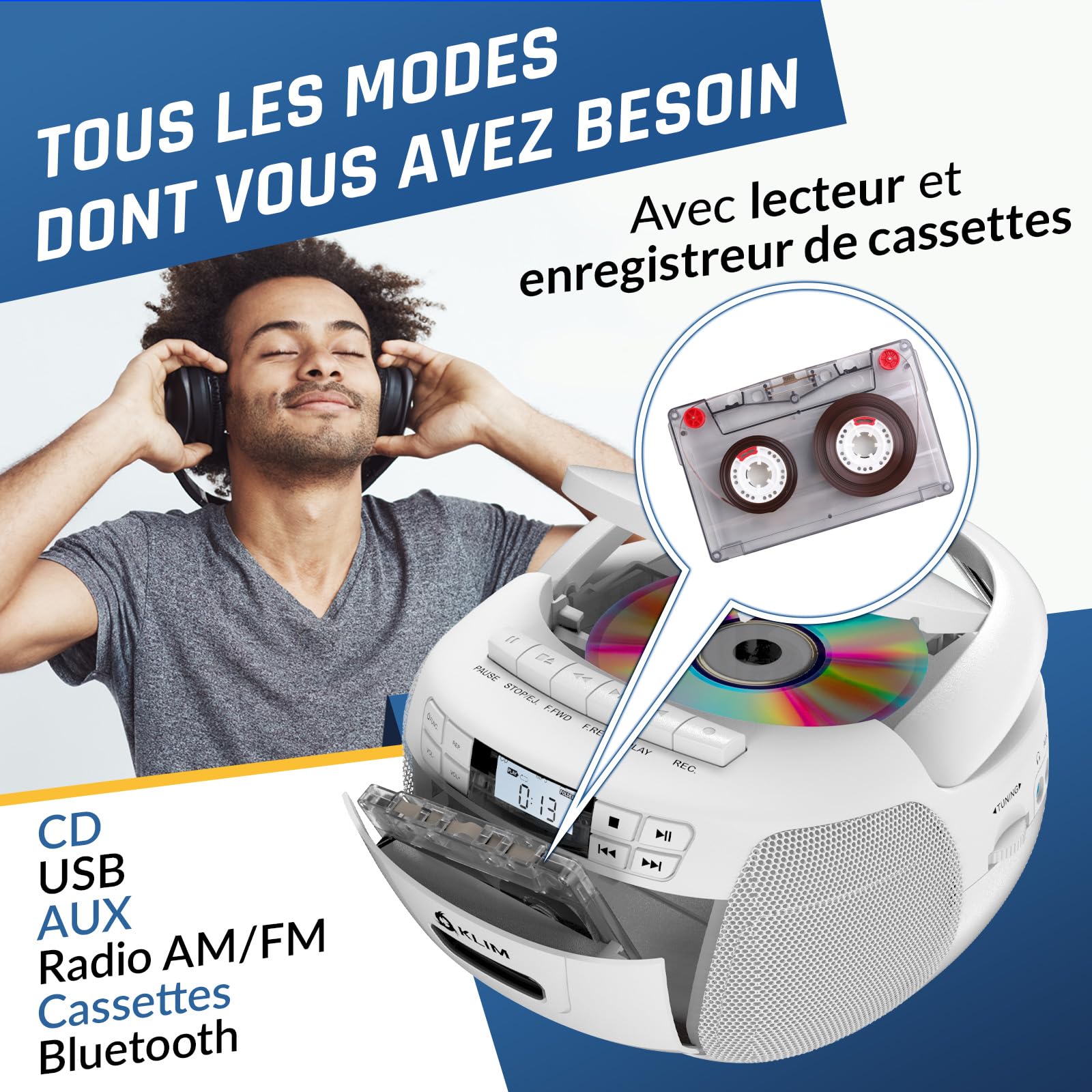 KLIM Lecteur CD Cassette Radio AM/FM Bluetooth Stéréo USB AUX Blanc