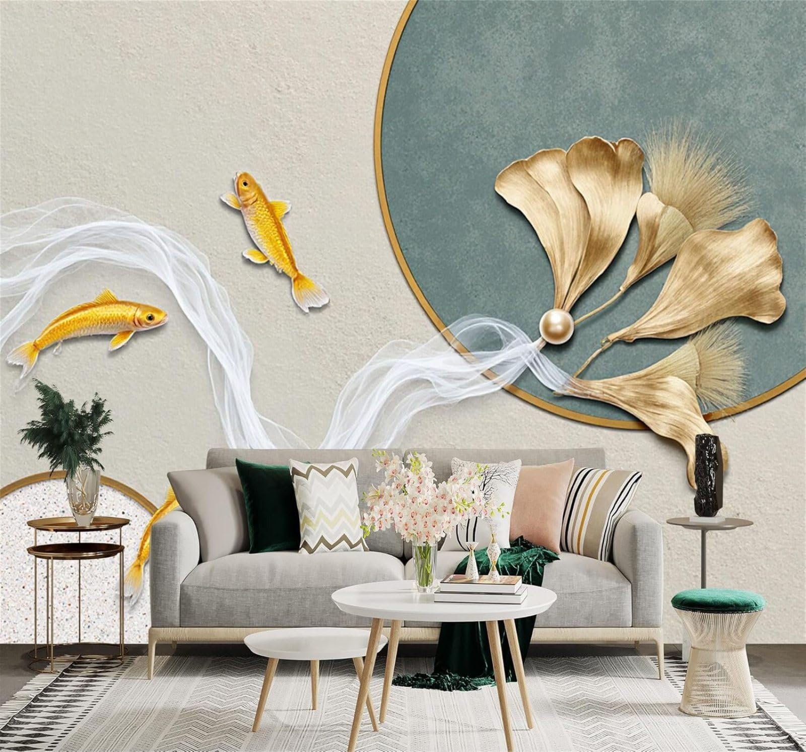 Xlming 250Cm×170Cm(B×H) Minimalist Golden Fish Flowing Water Ginkgo Leaves Art 3D Wallpaper Silky Texture Home Study Office Grey Dining Room Sofa Bedroom Living Room Tv Backdrop-250Cm×170Cm