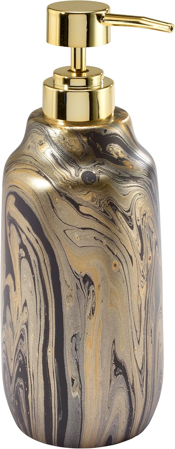 Nicole Miller - Bathroom Set, 2pc Resin Accessories, Toothbrush & Lotion Pump/Soap Dispenser, Dorm Room Essentials (Harper Collection, Black/Gold)