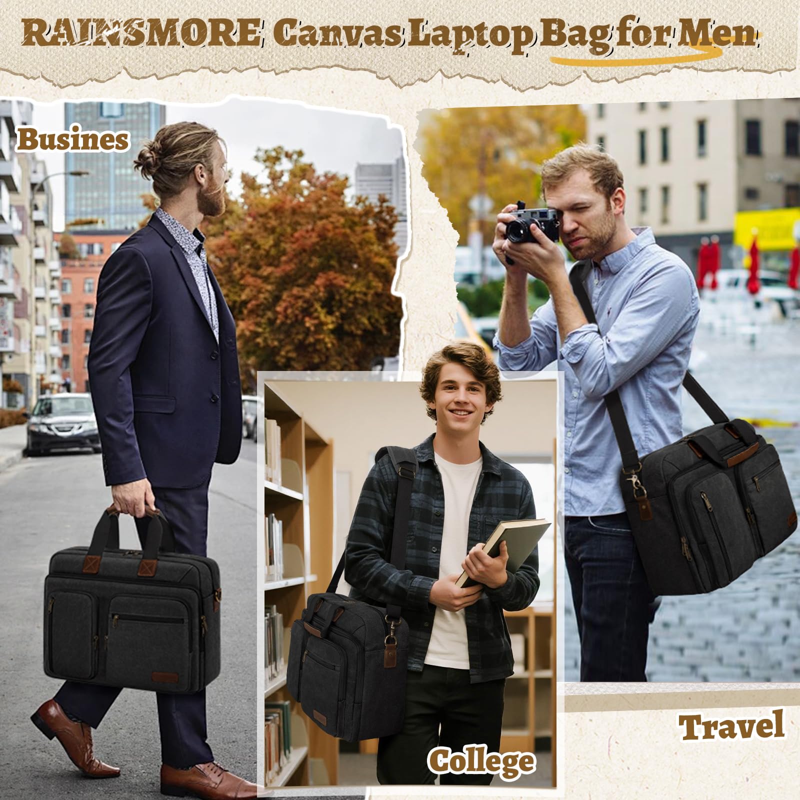 RAINSMORE Borsa messenger da uomo, grande, impermeabile, da 15,6 pollici, per computer portatile, borsa a tracolla per lavoro e affari