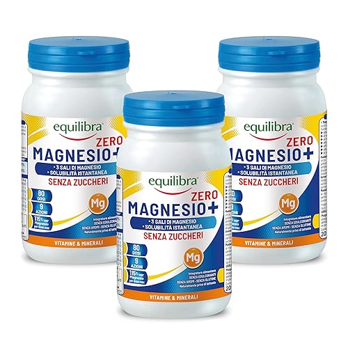 Equilibra, Magnesio+ Zero, Integratore Magnesio, Barattolo 200g Tripack, Magnesio Carbonato, Bisglicinato e Pidolato, Solubilità Istantanea, Riduzione Stanchezza e Affaticamento, Senza Glutine e Aromi