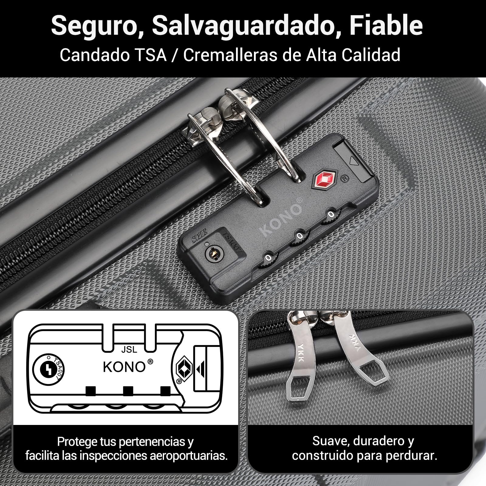Kono Maletas de Viaje Mediana 65cm, Equipaje Facturado, Gris | ABS+PC Ligera, Textura Antiarayaduras, 4 Ruedas TPE 360°, Cerradura TSA, Mango 3 Alturas, Organización Interior