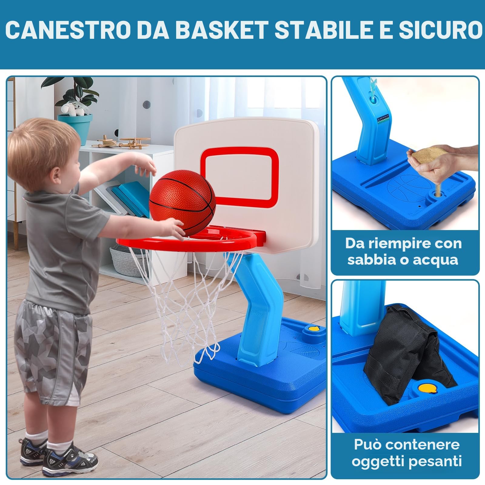 Canestro Basket Bambini - Esterno e Da Camera - Altezza Regolabile 70-138cm - Supporto per 3-7 Anni - Giochi Da Interno ed Esterno