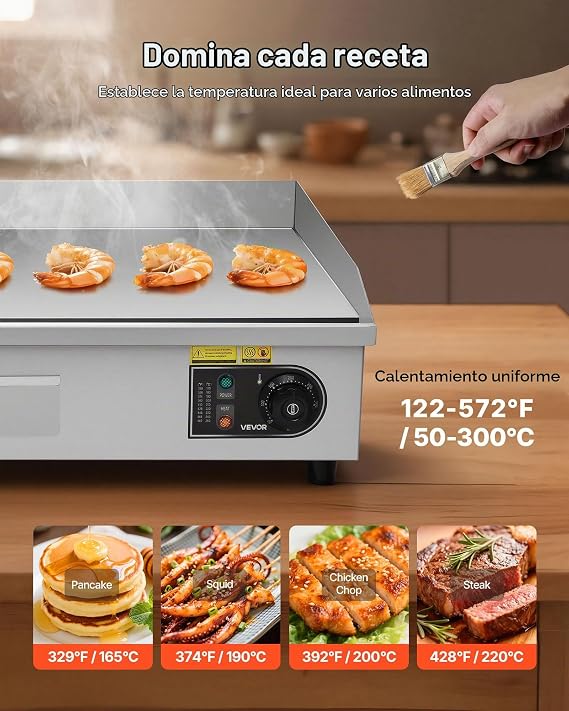 VEVOR Electric Griddle 4400 W 725 x 400 mm, Temperature Control 50 to 300 °C, Stainless Steel Countertop Grill with Flat Surface, 4 Foot Pads, for Meat and Pancakes