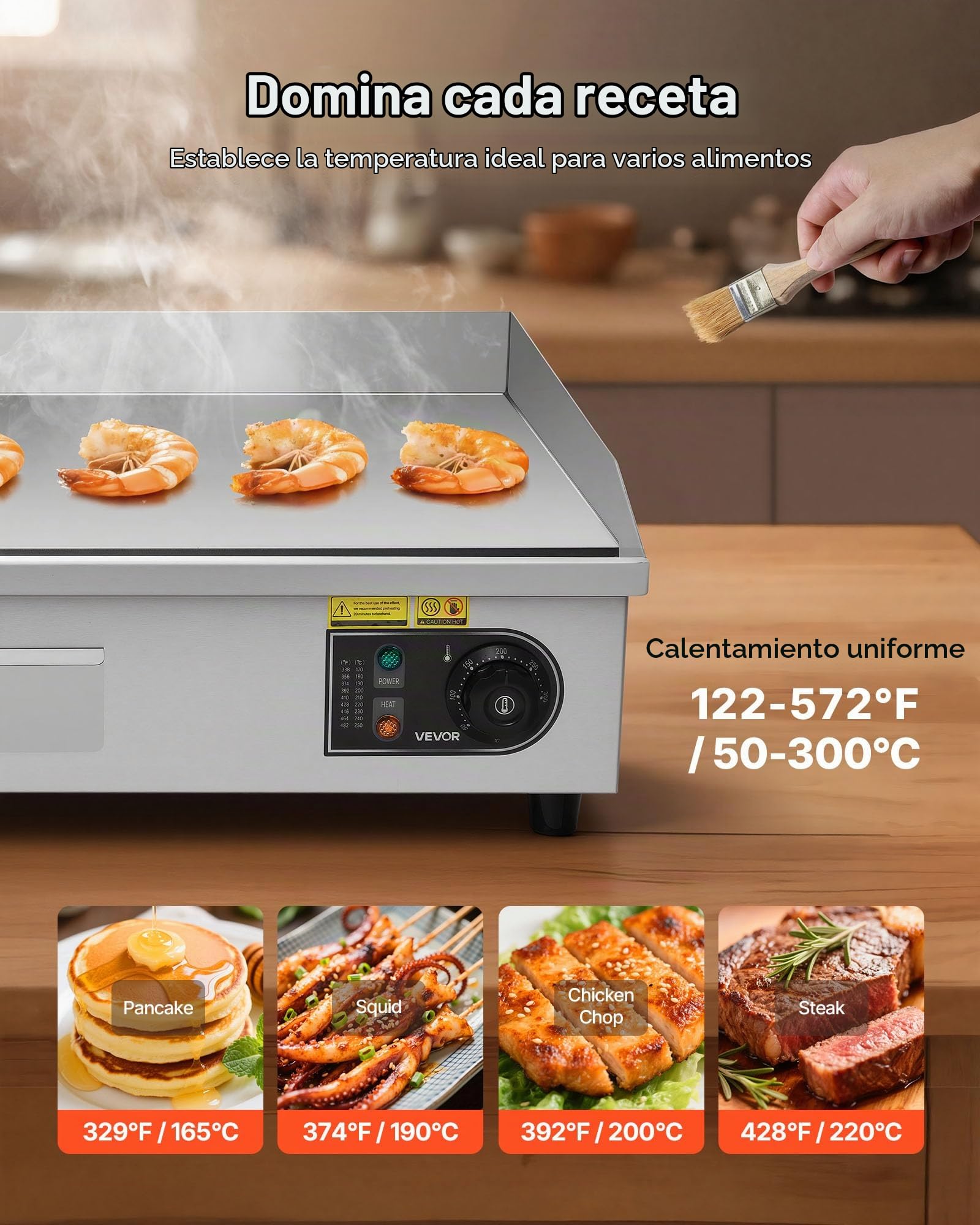 VEVOR Plancha Eléctrica 4400 W 725 x 400 mm, Control de Temperatura 50 a 300 °C, Parrilla de Encimera de Acero Inoxidable con Superficie Plana, 4 Almohadillas para los Pies, para Carne y Panqueques