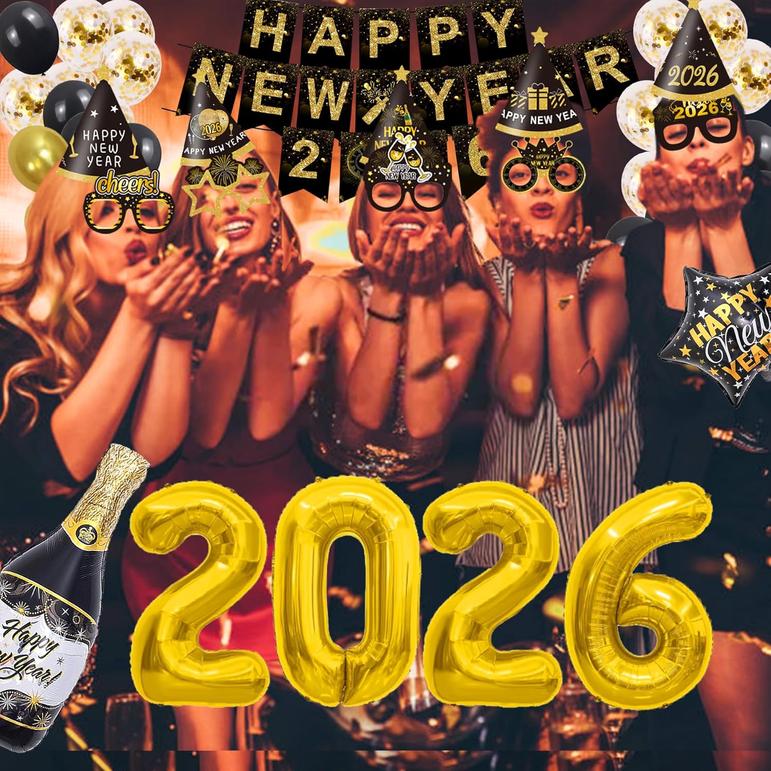 2026 Happy New Year Party Supplies - Hats, Banner, Glasses, Foil Balloon and Fringe Curtains, Swirls, Confetti, New Years Eve Black and Black Party Decoration Decor Kit