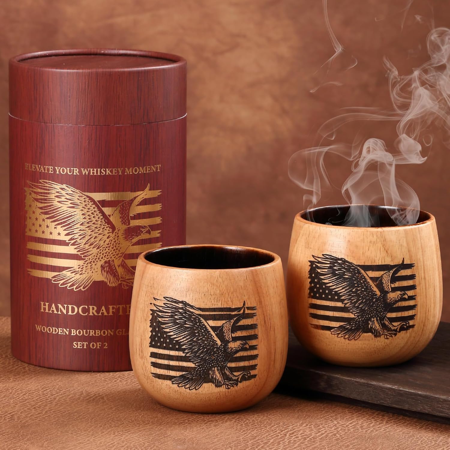 Charred Oak Wooden Bourbon Drinking Glass 2-Pack, 11oz Handcrafted Whiskey Glasses, Wooden Old Fashioned Glass, Perfect Bourbon Gifts for Men, Dad, Brother & Whiskey Enthusiasts