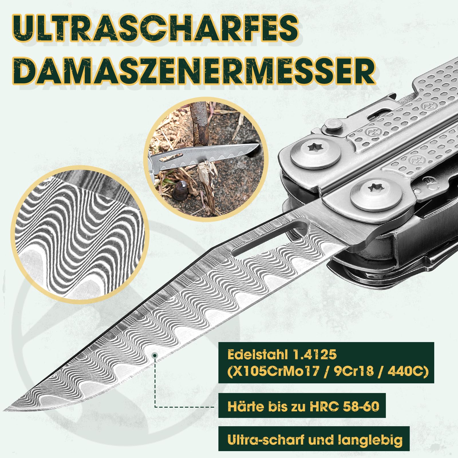 Multper Multitool Werkzeug, Geschenke für Männer, Aufgerüstetes Multi Tool Edelstahl Faltbares mit Damastmesser, Drahtschneider und Schraubendreherset, Multifunktionszange für Outdoor und Camping