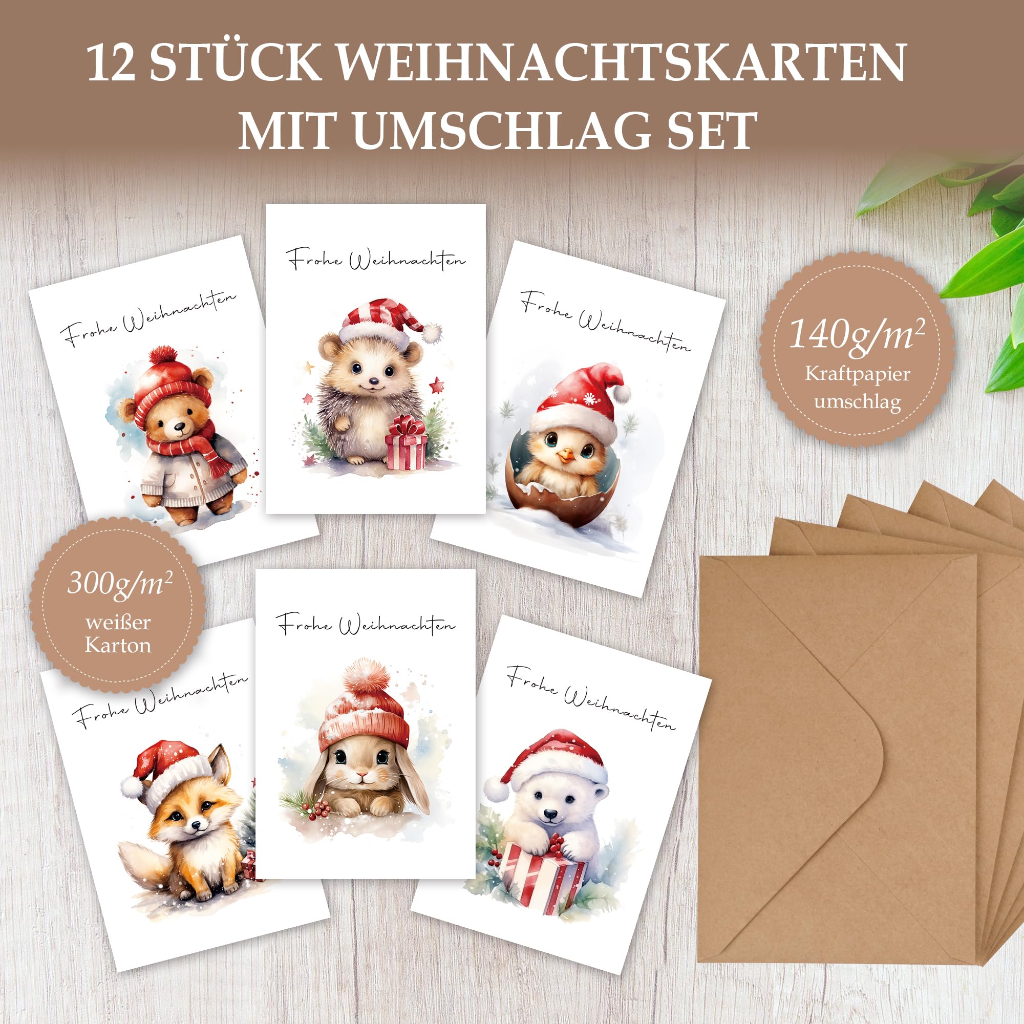 Weihnachtskarten-Set Mit Umschlägen – 12 Stück, Kraftpapier, Inkl. Aufkleber