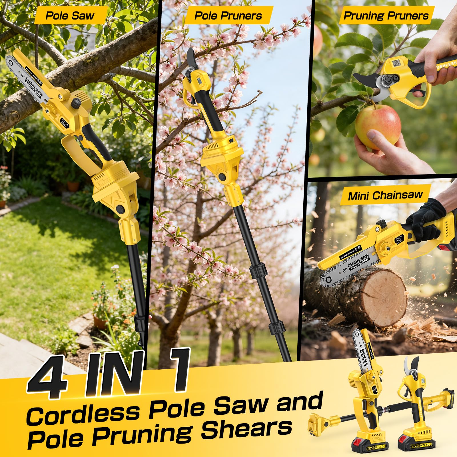 Motosega a Batteria Telescopica, 1000W 35 mm Forbici Potatura a Batteria con Asta 2.2M + 6" Mini Motosega Elettrica, 2 * 2000mAh 4-in-1 Kit Forbice Potatura a Batteria per Frutteto, Giardino Chainsaw