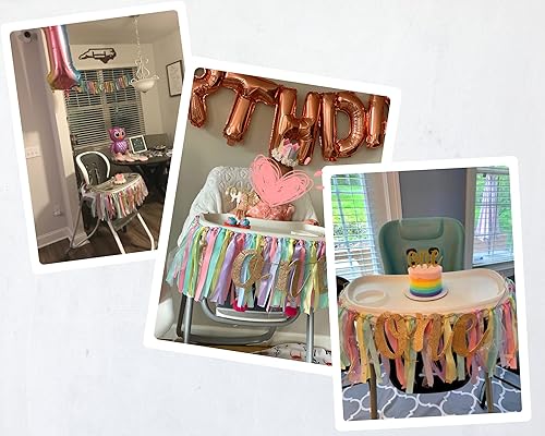 Miniatura 6 de PapaKit Juego de silla alta de primer cumpleaños de arcoíris mágico para niñas (sombrero de corona, adorno de pastel, pancarta, guirnalda)