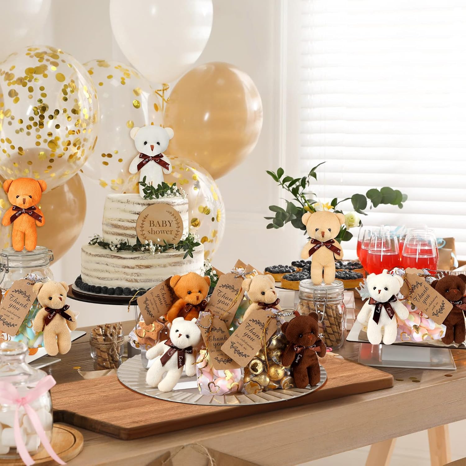 Libima 60 Pcs Mini Bear Baby Shower Decorations First Baby Shower Favors Party Supplies Souvenirs 4.7" Tiny Soft Stuffed Plush Bears Bulk with Thank You Tag and Heart Organza Bag(Brown Series) - Image 5