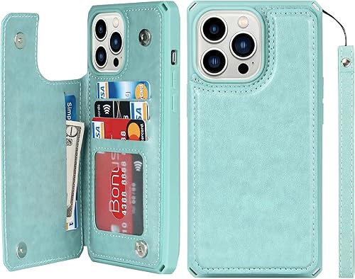 iCoverCase Funda compatible con iPhone 13 Pro Max con tarjetero para mujer, bloqueo RFID en relieve de piel sintética con correa de muñeca de 6.7