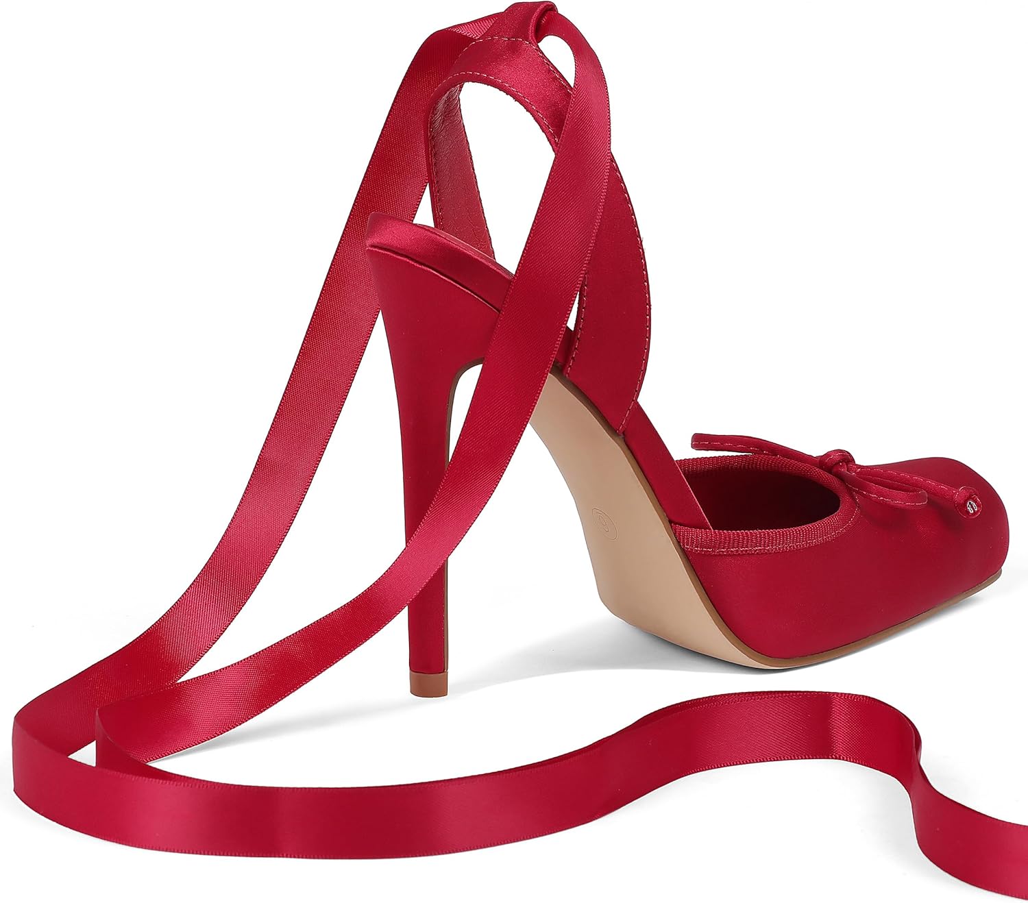 Celbreez Ballet Heels Satin Stiletto Heels for Women Close Square Toe Slingback Bow Lace Up High Nude Heel Women's Pumps Strappy Mary Jane Ballerina Heel Party Wedding Cute Shoes - Image 6