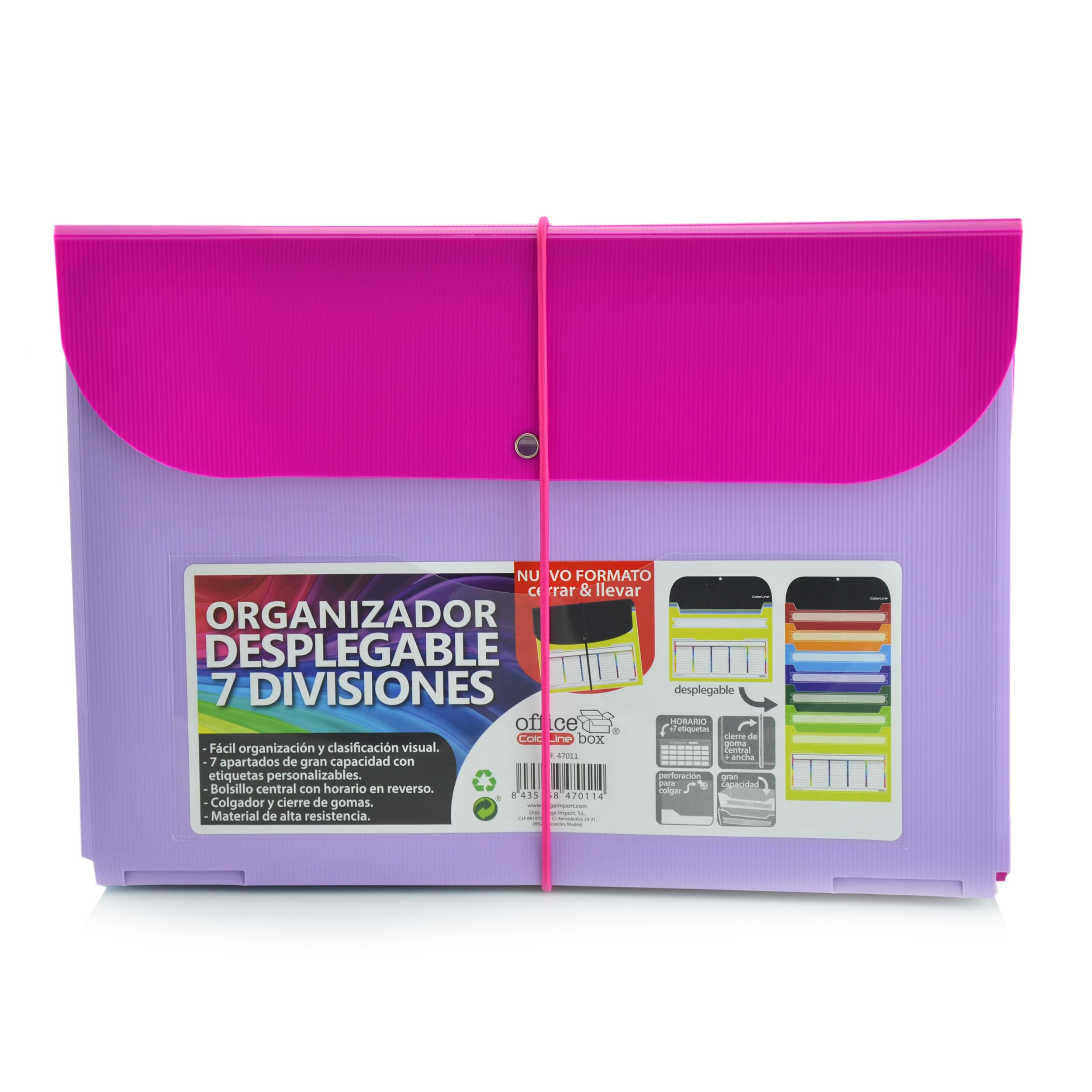 Office Box - Pack Vuelta al Cole: Carpeta de gomas desplegable con 7 departamentos y Colgador metálico, Tarjeta Horario Frontal y Gran Capacidad + Carpeta 4 Anillas 40 mm by Colorline (Fucsia)