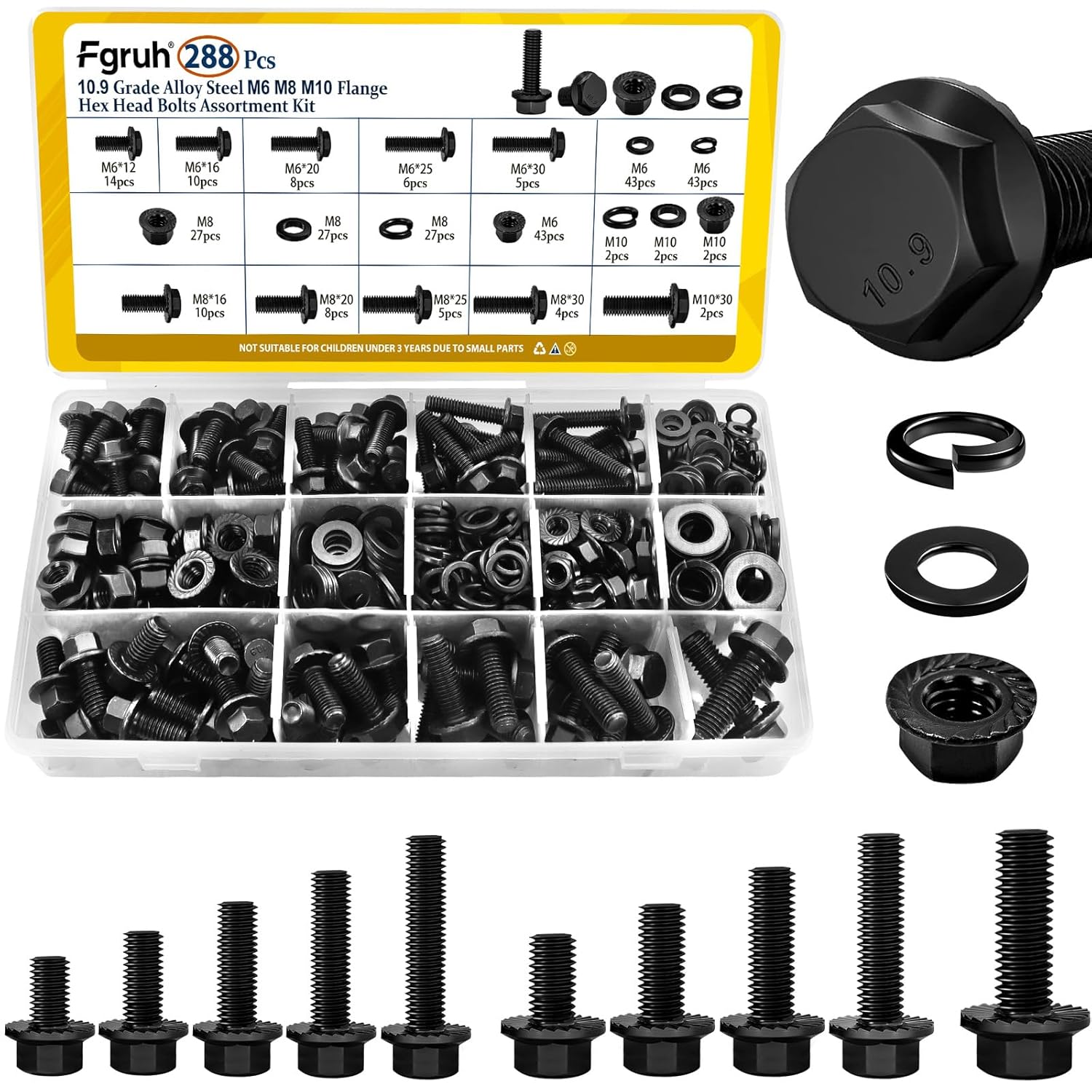 1500PCS M4 Hex Socket Button & Cap Head Bolts Assortment Kit and 288PCS M6 M8 M10 Flange Head Bolts Assortment Kit with Nuts, Washers, Black Zinc Galvanized
