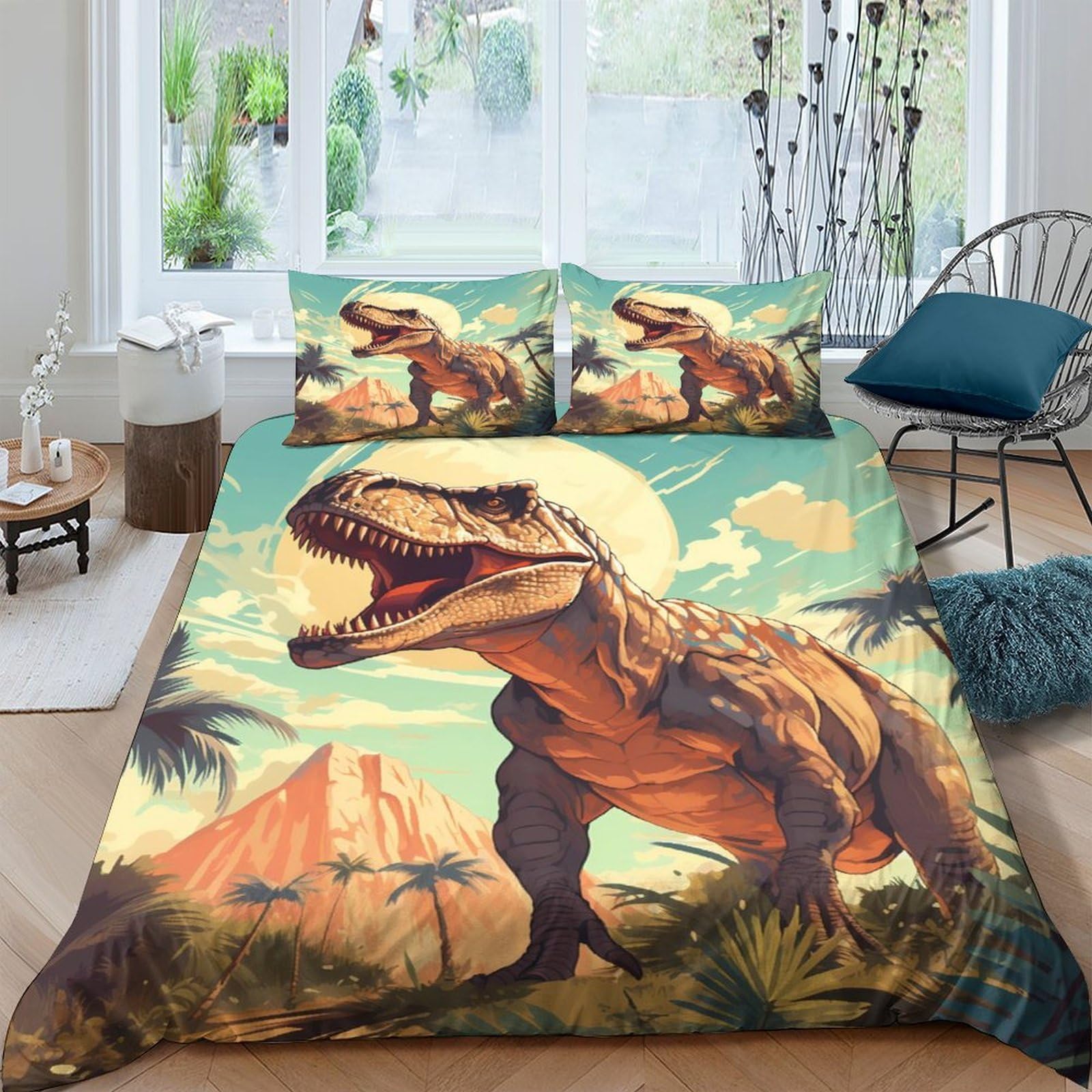 GPLZQXKJNH 3D Printed Dinosaur Jungle Duvet Cover Microfiber Soft Breathable T-Rex Bedding Set with 2 Pillowcases for Bedroom Decor 120x220cm Single（135x200cm）