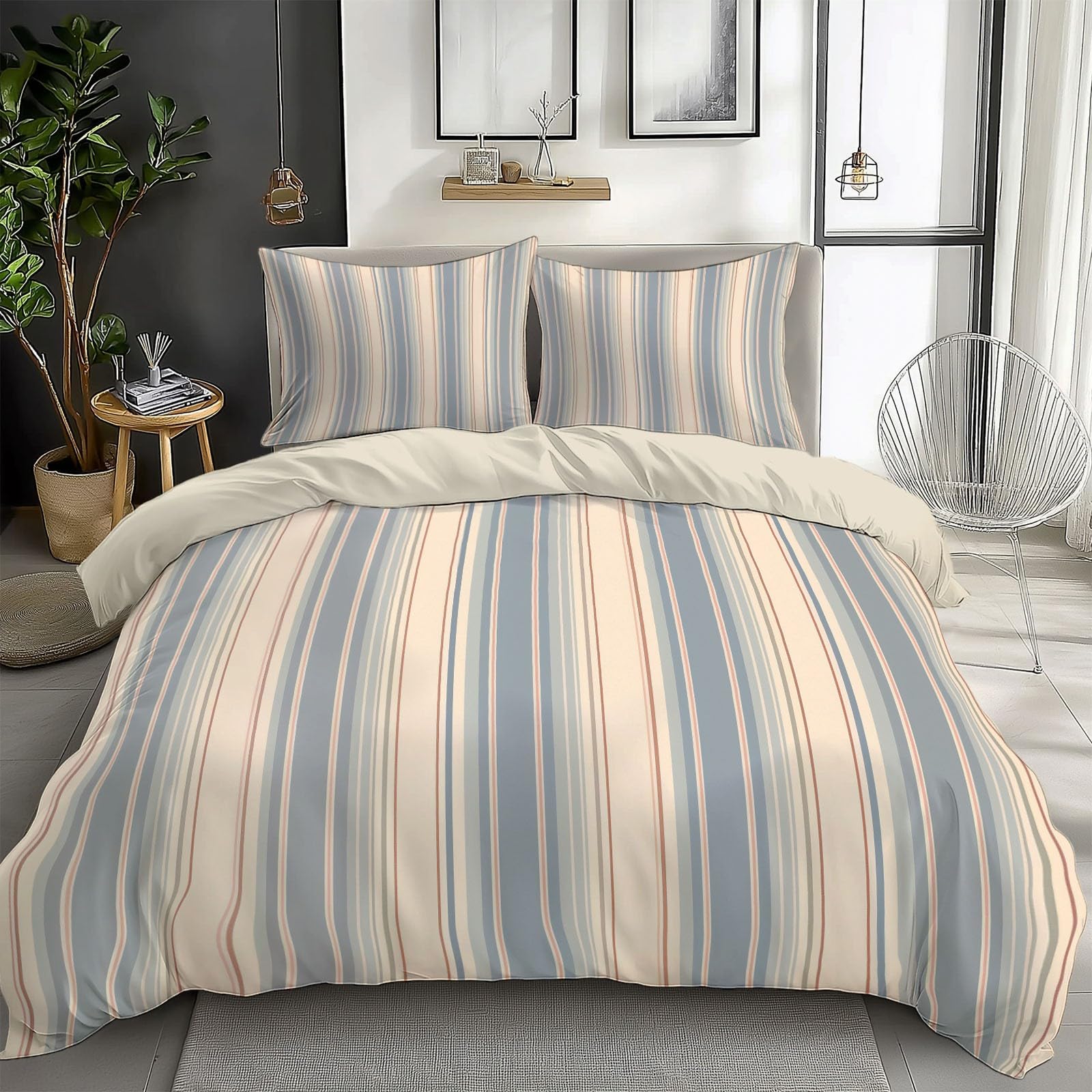 Funda Nordica para Cama 105 Rayas Azules Juego de Ropa de Cama Fundas Nórdicas 180x220 cm Poliéster Algodón, 3 Piezas Juego de Cama Cremallera Funda de Almohada