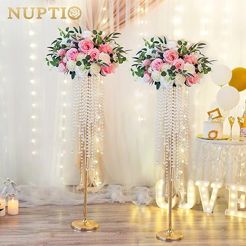 Miniatura 3 de NUPTIO Centros de mesa de boda Jarrones dorados 2 piezas de 39.4 pulgadas de alto jarrón de flores de cristal soporte de flores de metal para