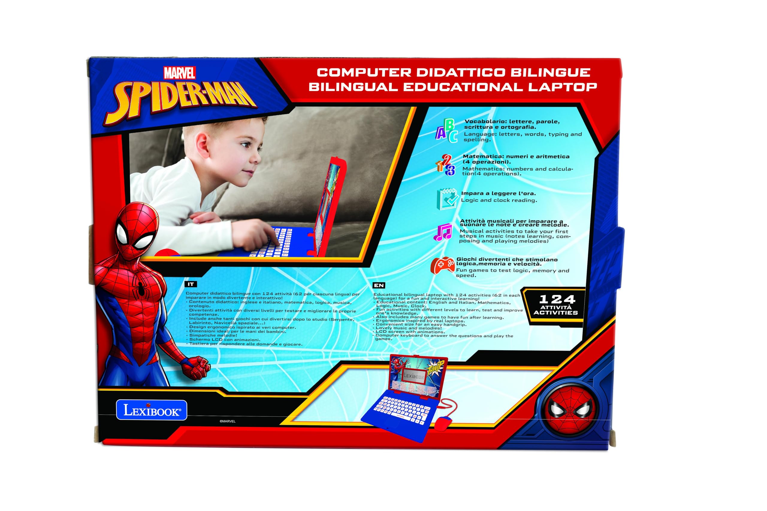 Lexibook - Spider-Man Computer Portatile educativo bilingue Italiano/Inglese - 124 attività per Un apprendimento Divertente e interattivo - Matematica, logica, Musica, Orologio - JC598SPi5LXB