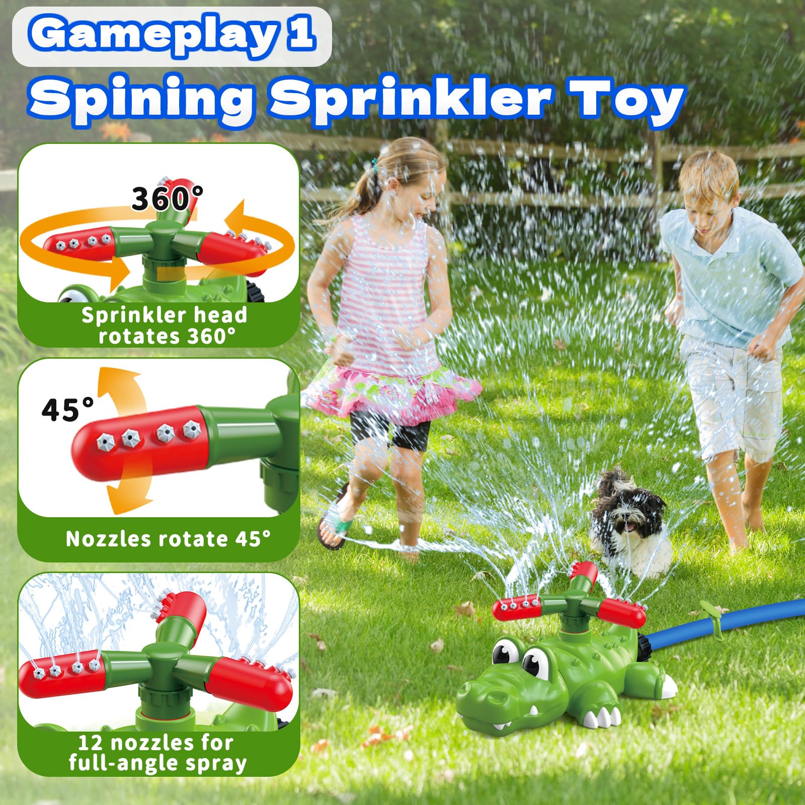 Intoypad 4-in-1 Kids Water Sprinklers T Ball Set & Water Ball Toy, Crocodile Baseball Sprinkler for Backyard Outdoor Summer Toys for Boys Girls Outside Yard Water Game Toys for Kids Toddlers Ages 3-8