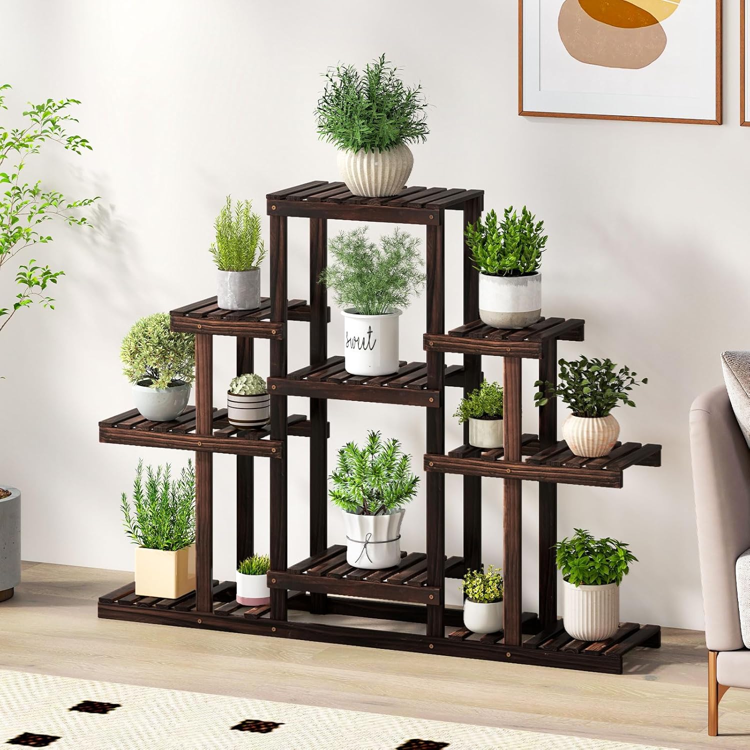 GRAFFY Wood Plant Stand, 6-Tier Flower Pot Holder, Bonsai Display Shelf with Hollow Design, Outdoor Indoor Flower Rack, Multifunctional Storage Rack for Yard Garden Patio Balcony Living Room
