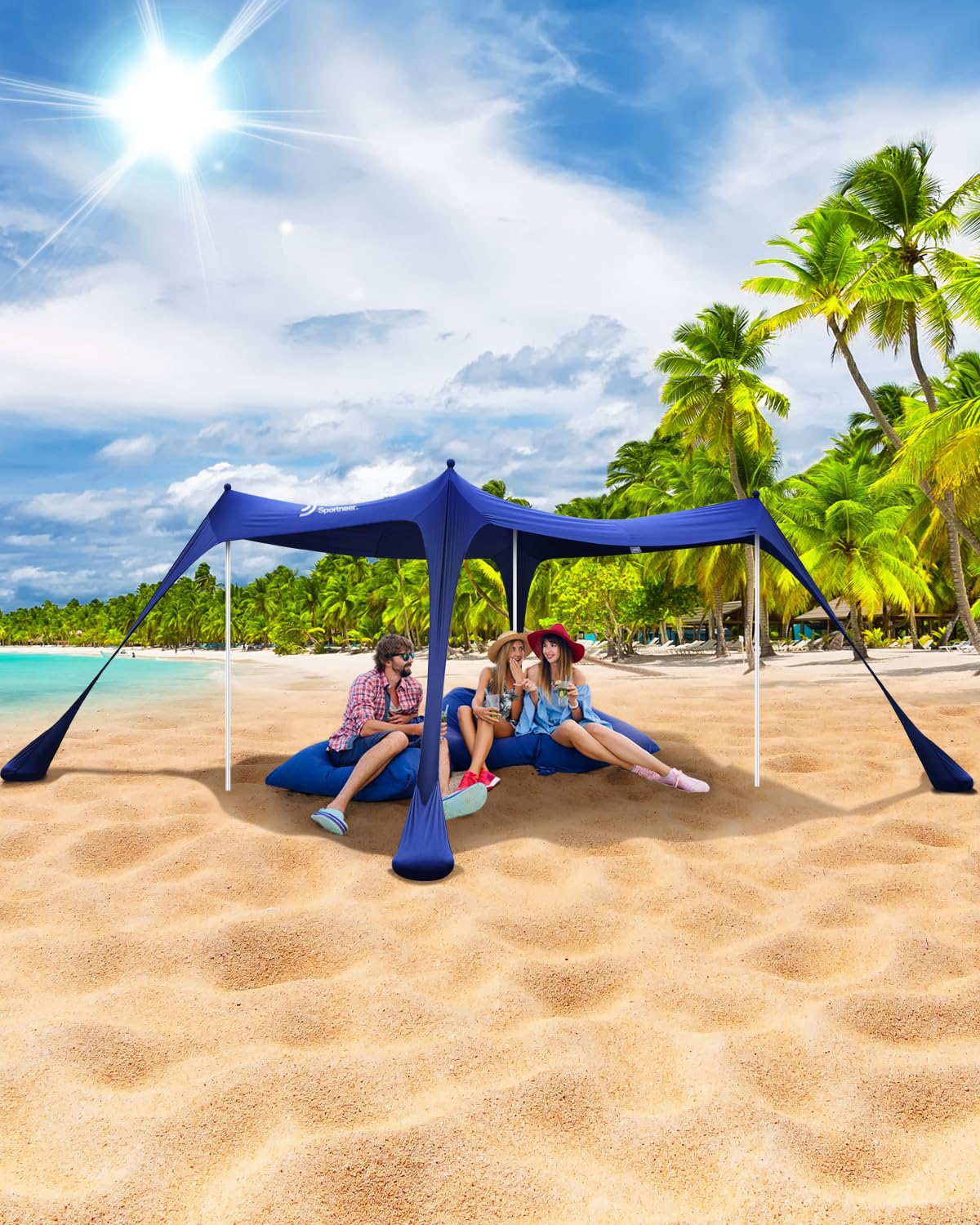 Sonnensegel Strand Strandzelt Sonnenschutz UPF50+, 3m X 3m X 2m Strand Sonnenschutz Mit 4 Alustangen 4 SandsäCken Und 4 Ground Anchor, Sonnendach Strandpavillon Leicht Für Picknick Strand Reise