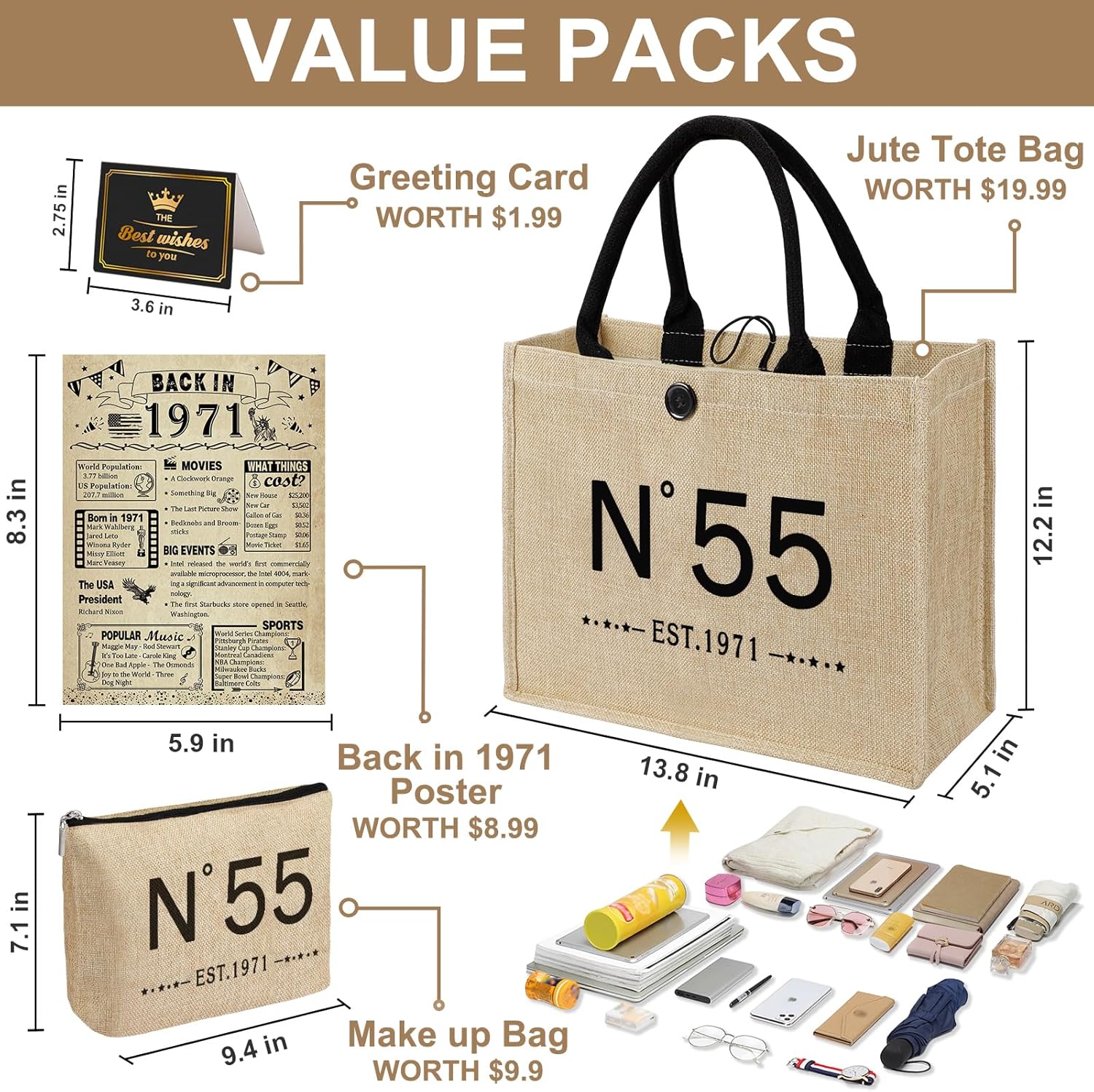 YeohJoy 55th Birthday Gifts for Women Reusable Grocery Bag, Vintage N°55 Burlap Handbag with Cosmetic Bag and Back in 1971 Poster, Unique 55 Years Old Gifts for Mom Grandma Friends Wife Sister Her - Image 5