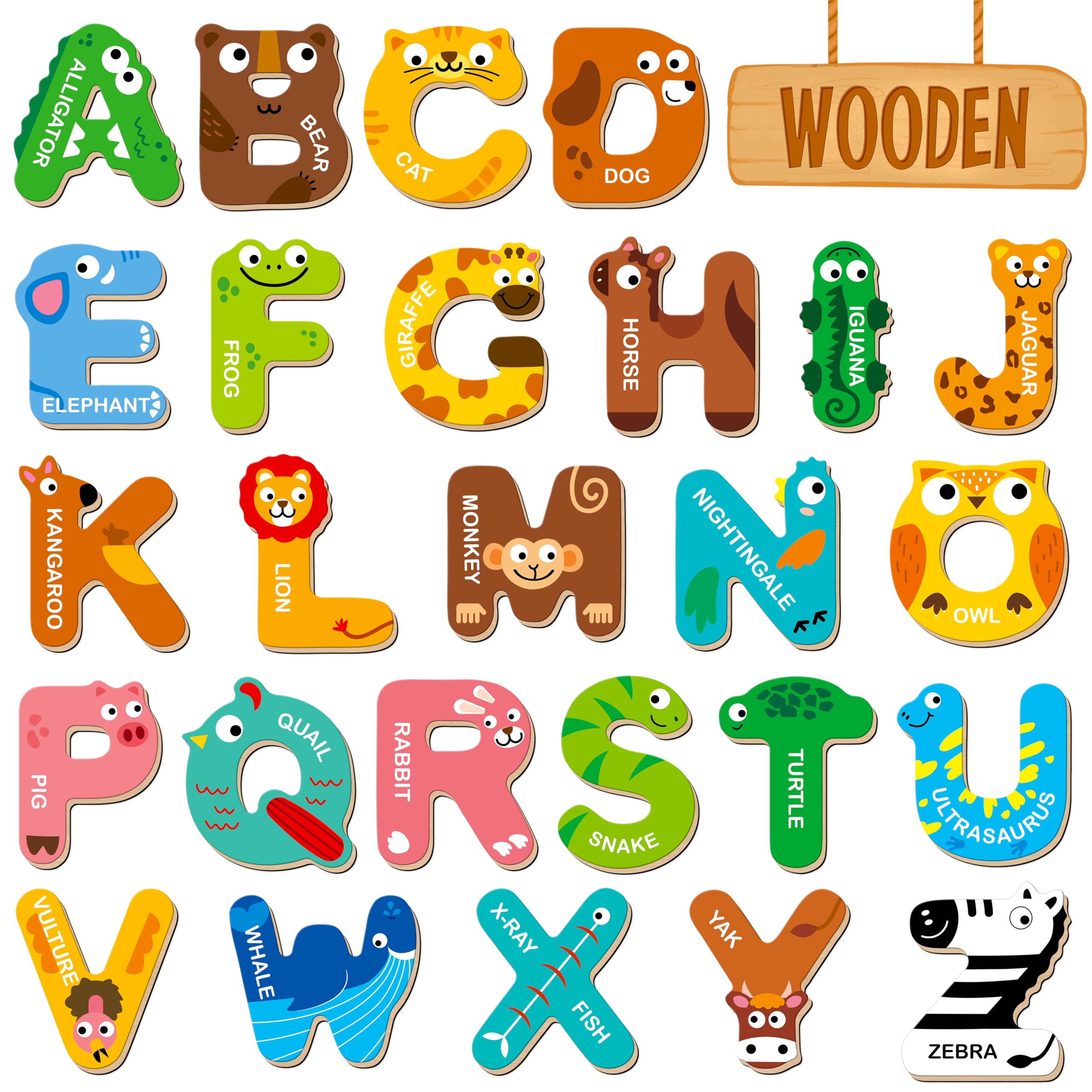 26 Magnetic Wooden Letters, Cute Animal Alphabet ABC Wood Magnets for Fridge Colorful Uppercase Animals Toys Set Educational Spelling Learning Games for Kids, Toddlers 3 4 5 Years Old