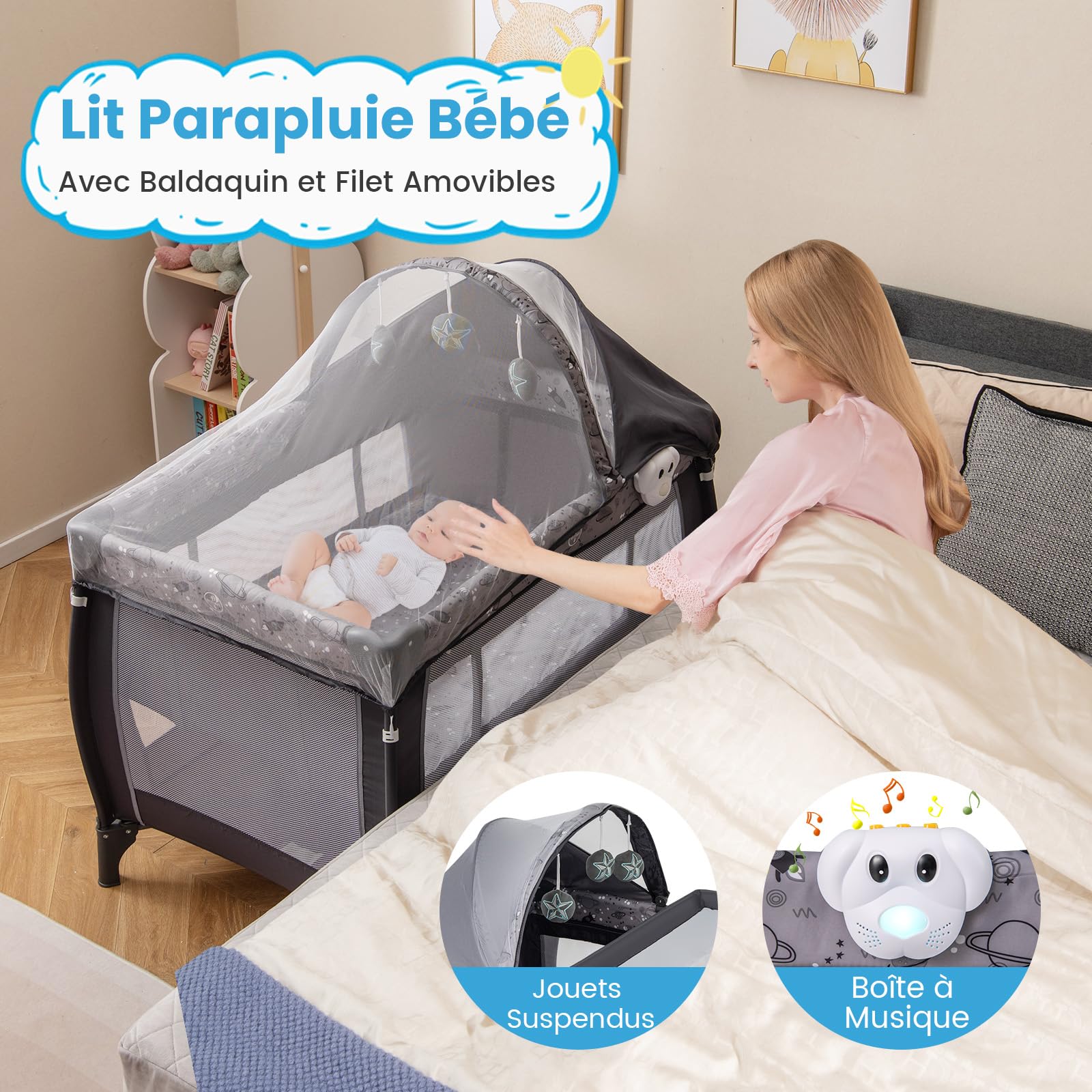 GOPLUS Lit Parapluie Bebe avec Matelas, 4 en 1 Berceau Bébé Evolutif avec Table a Langer, Roues Verrouillables, Jouets Suspendus, Boîte à Musique, Lit de Voyage Portable pour 0-3 Ans