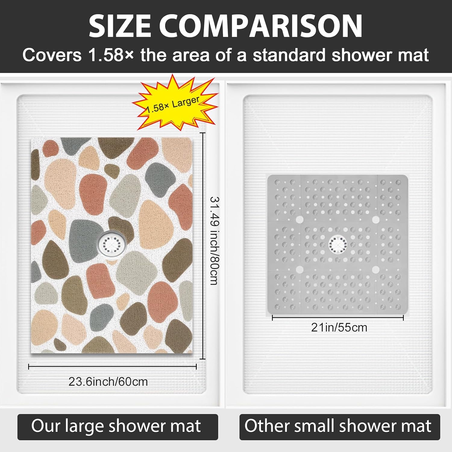 Non Slip Shower Mat: 32x24 Inch Extra Large Shower Mats for Inside Shower with Drain Hole in Middle - Soft PVC Loofah Anti Slip Shower Floor Mat for Standing and Walk-in Shower, Quick Drying - Image 2