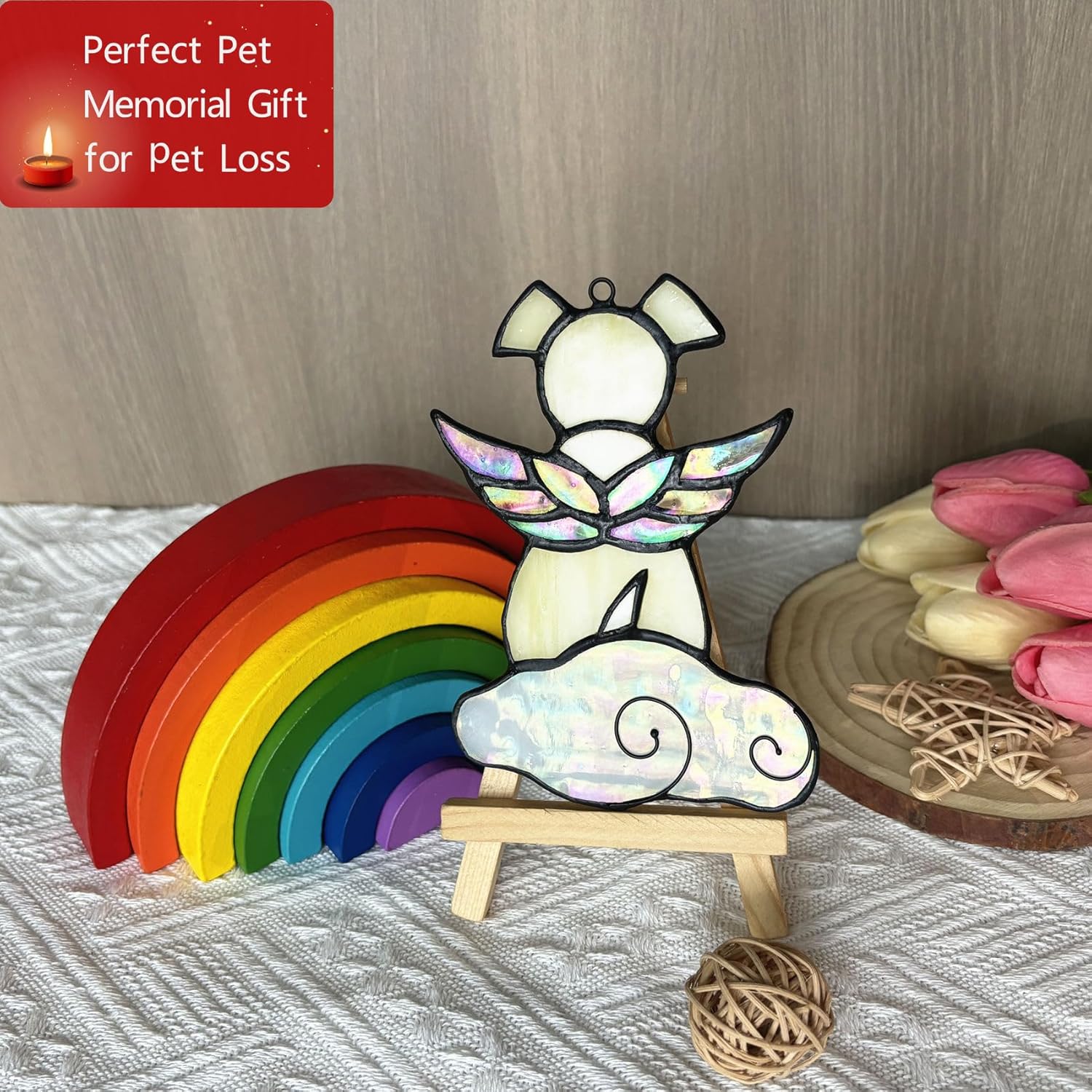 Stained Glass Angel Wings Dog Memorial Gifts for Loss of Dog Sympathy Bereavement Gift Suncatcher, Rainbow Bridge Pet Passing Away Remembrance in Memory, Yellow - Image 3