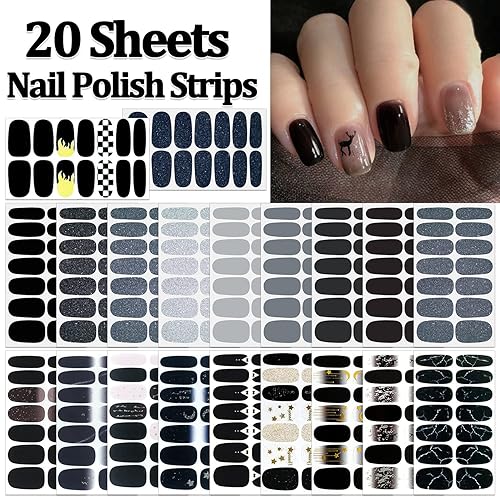 Miniatura 2 de SILPECWEE 16 hojas de envolturas de uñas de estilo negro para mujer tiras de esmalte de uñas adhesivas con purpurina de color sólido calcomanías de