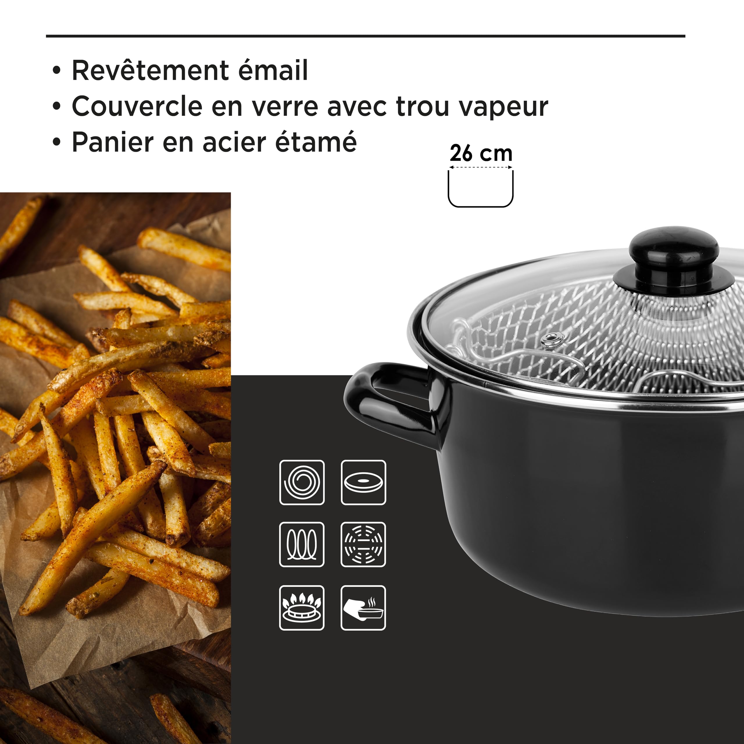 Crealys 545413 Friteuse Traditionnelle Ø26 cm en Acier Émaillé avec Panier & Couvercle Verre – Cuisson à l’Ancienne pour Frites Dorées & Croustillantes – Tous Feux Dont Induction