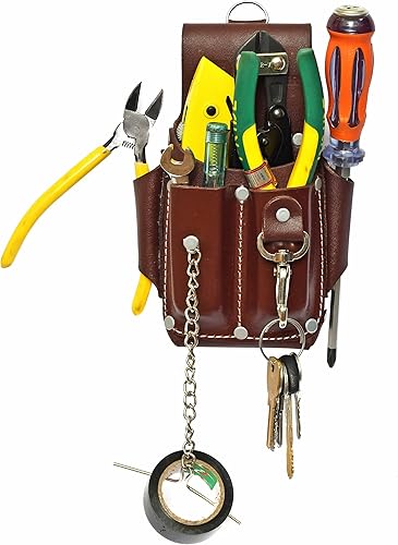 Ap-Leather Pro-5 Bolsa de electricista, bolsa de herramientas de cuero, bolsa de 5 bolsillos con soporte para cinta eléctrica, compartimentos