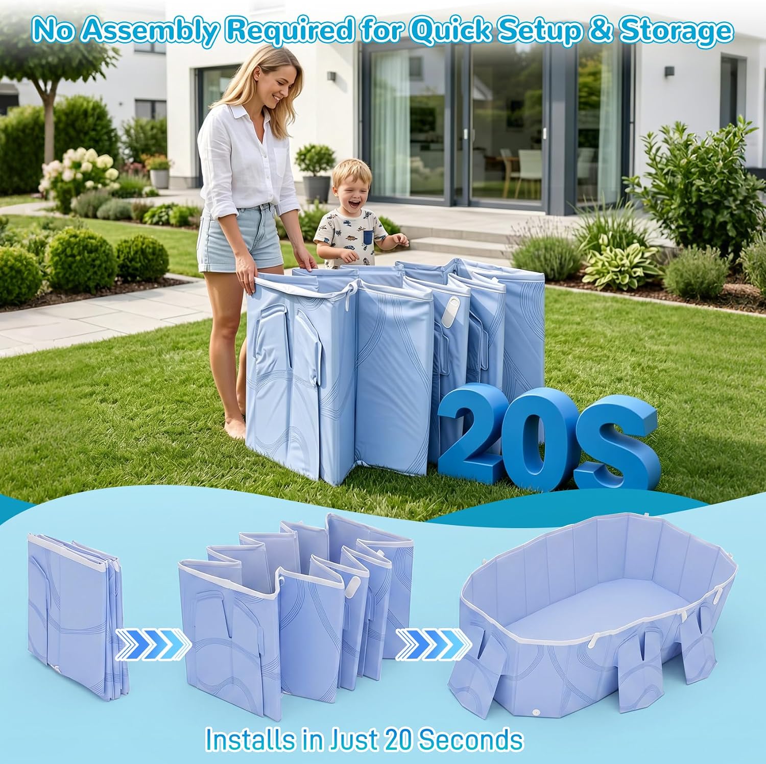 Foldable Pool with Canopy,Large Portable Pool for Adult, 85×50×22 in | Thickened Collapsible Folding Pool,20 Seconds Installation&Titanium Silver Canopy,Feels-Like Temp 50°F – 64.4°F,Blue