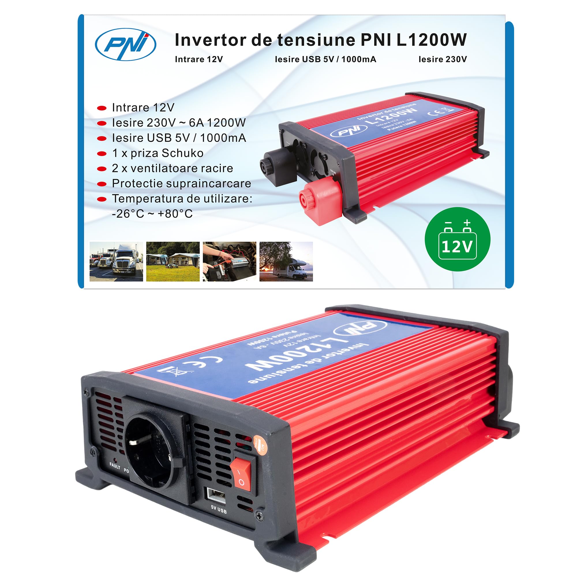 Invertitori di corrente, Power inverter PNI L1200W, ingresso 12V - uscita 230V, potenza in uscita 1200W, 1 x presa 230V, USB2.0
