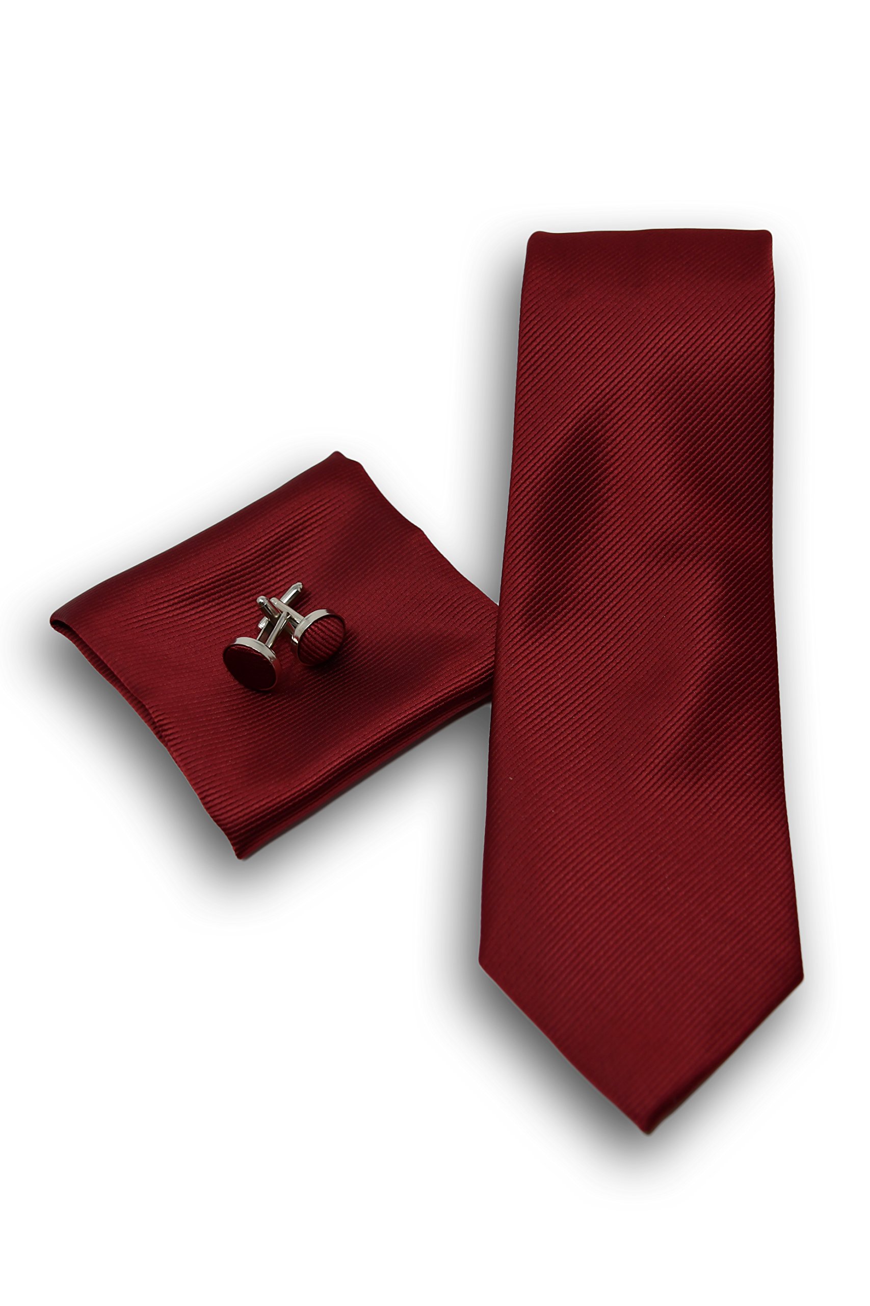 Sweet Leaf Cravatta da uomo, Fazzoletto da Taschino e Gemelli Rosso Scuro - 100% seta - Classico, Elegante e Moderno - (Confezione Regalo, ideale per un matrimonio, con un abito)