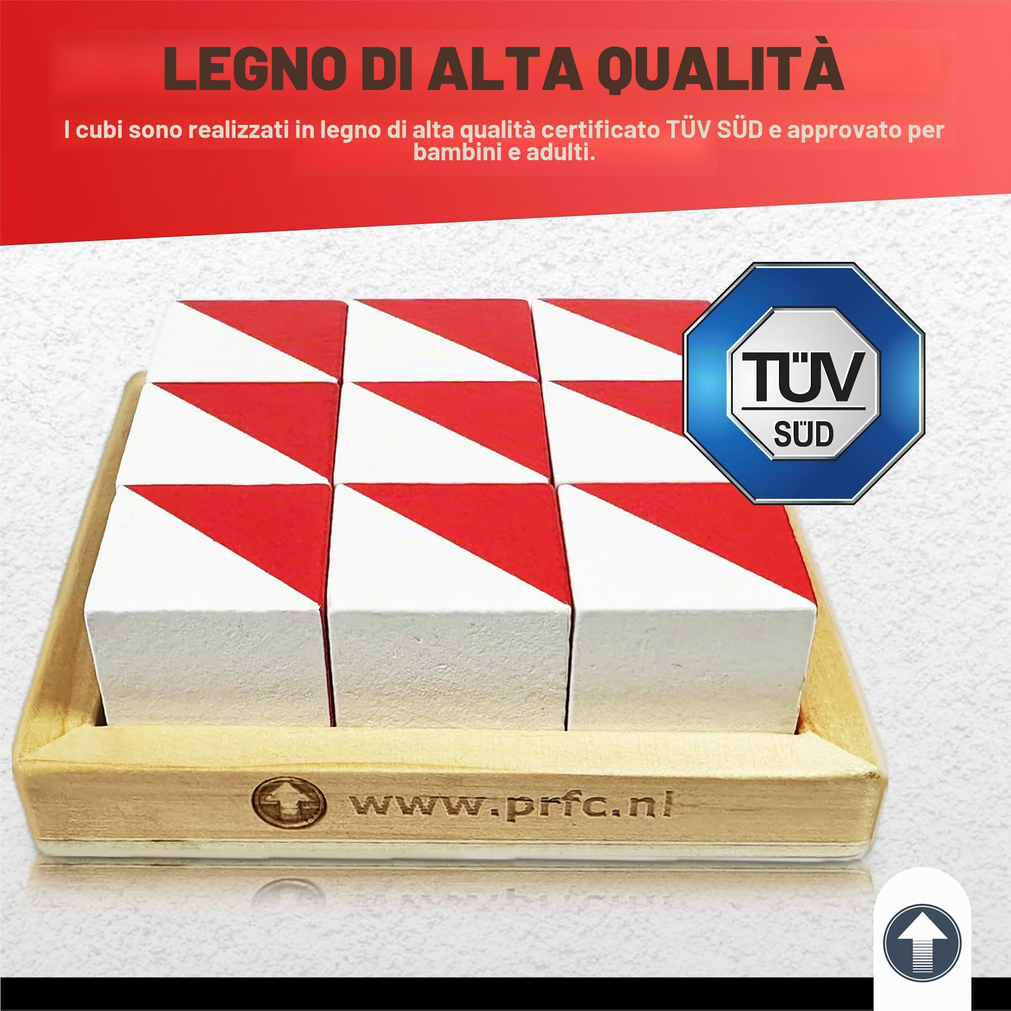 PrfcNL Blocchi di Prova IQ - 9 Cubi in Legno Bianco e Rosso con 60 Modelli e App Mobile, Ideali per WISC, WAIS, Prep WPPSI, Giocattolo Regalo Montessori Educativo STEM per Tutte le Età