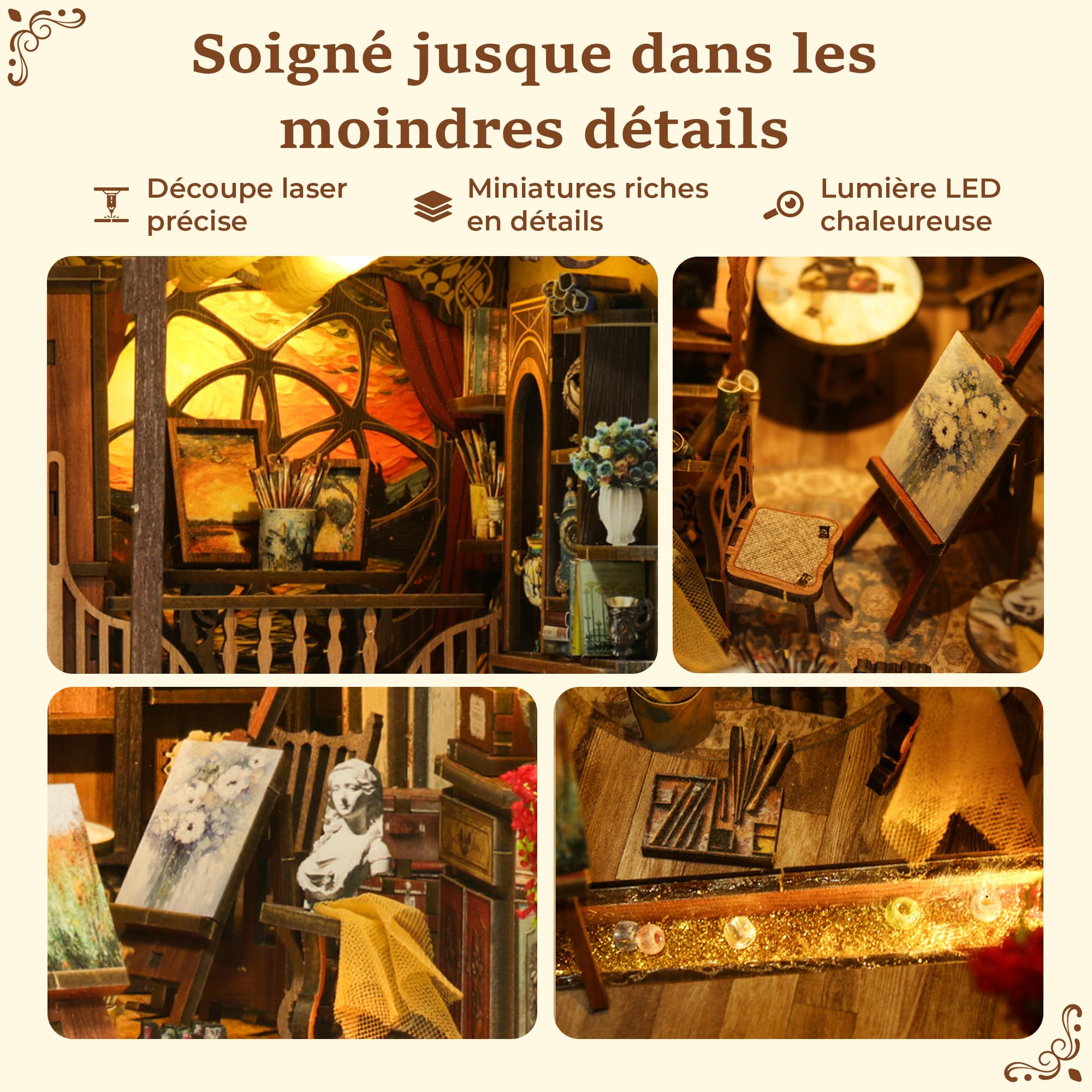 Book Nook Atelier d’Artiste en Bois avec LED, Puzzle 3D DIY