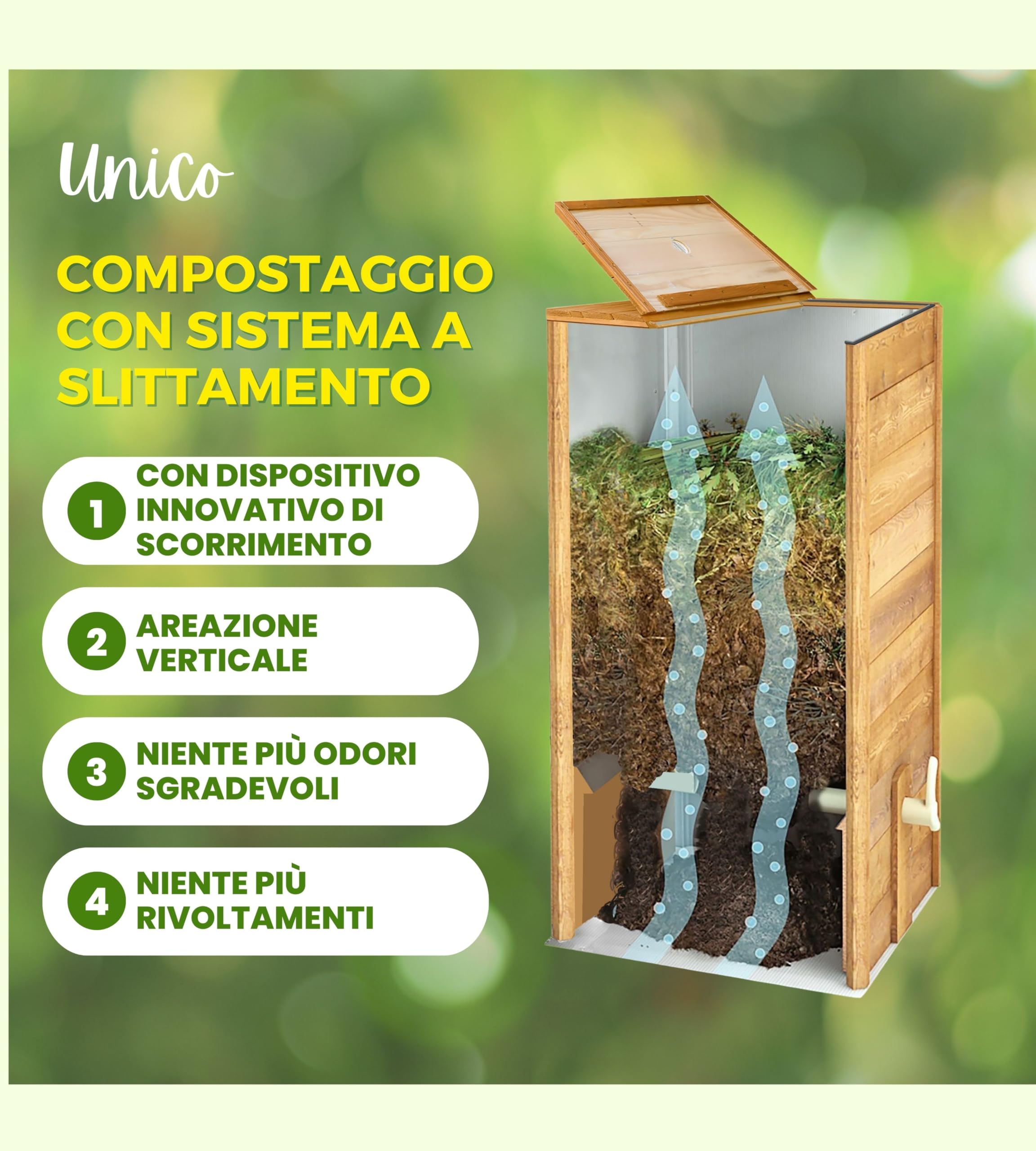 Compostiera da Giardino in Legno con Coperchio, Compostaggio facile senza Cattivi Odori e senza Rivoltamento Compost, con Sistema Anti Insetti e Dispositivo d’Aerazione, con Piano, da 340lt