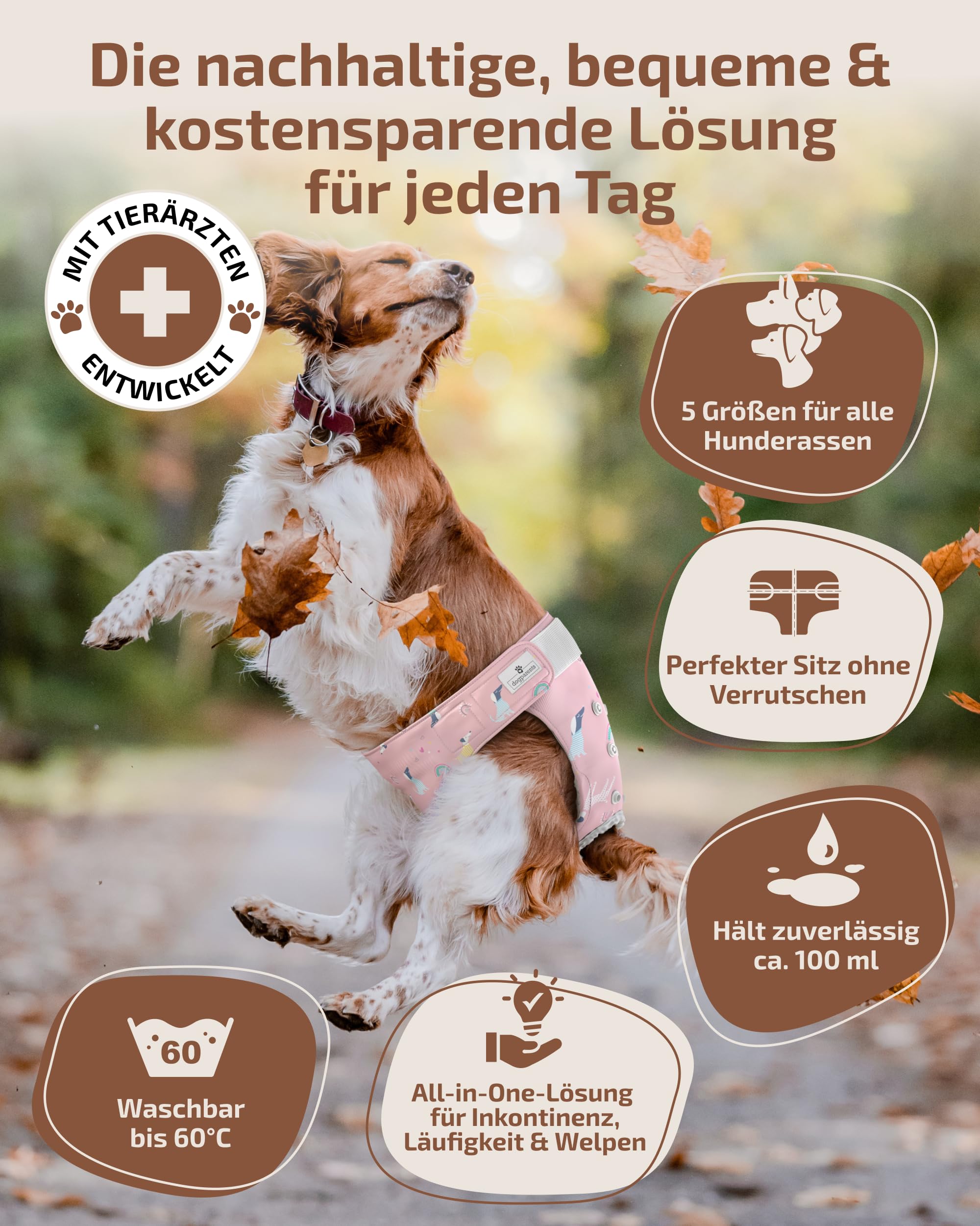Hundewindeln für Hündinnen, Rüden & Katzen [3 Windeln für Hunde 4-lagiger Kern] Waschbare Läufigkeitshose für Hündinnen [Hundehöschen Läufigkeit & Inkontinenz] (Rosa | Pink | Beige, M, 3, stück)